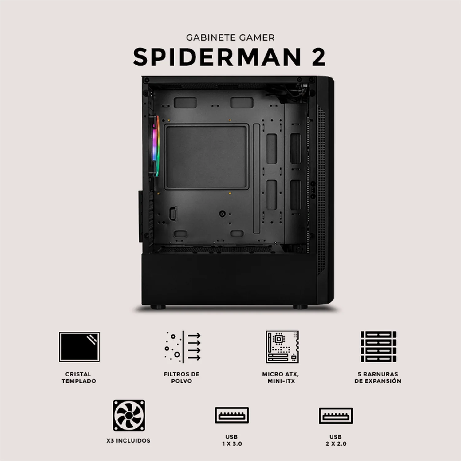Gabinete XTREME PC GAMING Spider-Man II V3 Edition Mini Torre 3 Fan RGB Negro CXTSPII730BK - Image 5