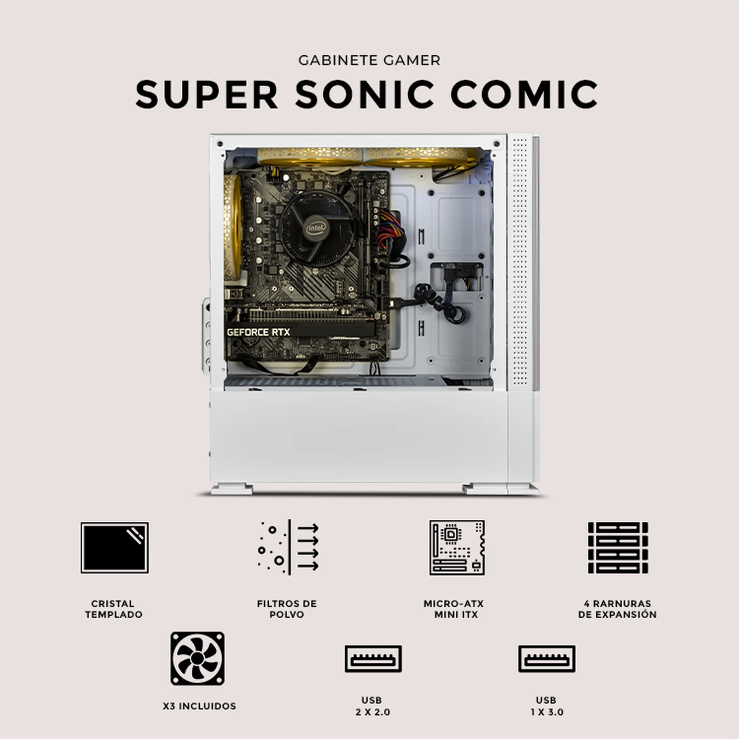Gabinete XTREME PC GAMING Sonic Super Sonic Comic Mini Torre 3 Fan ARGB Blanco CXTSUAIWT - Image 5