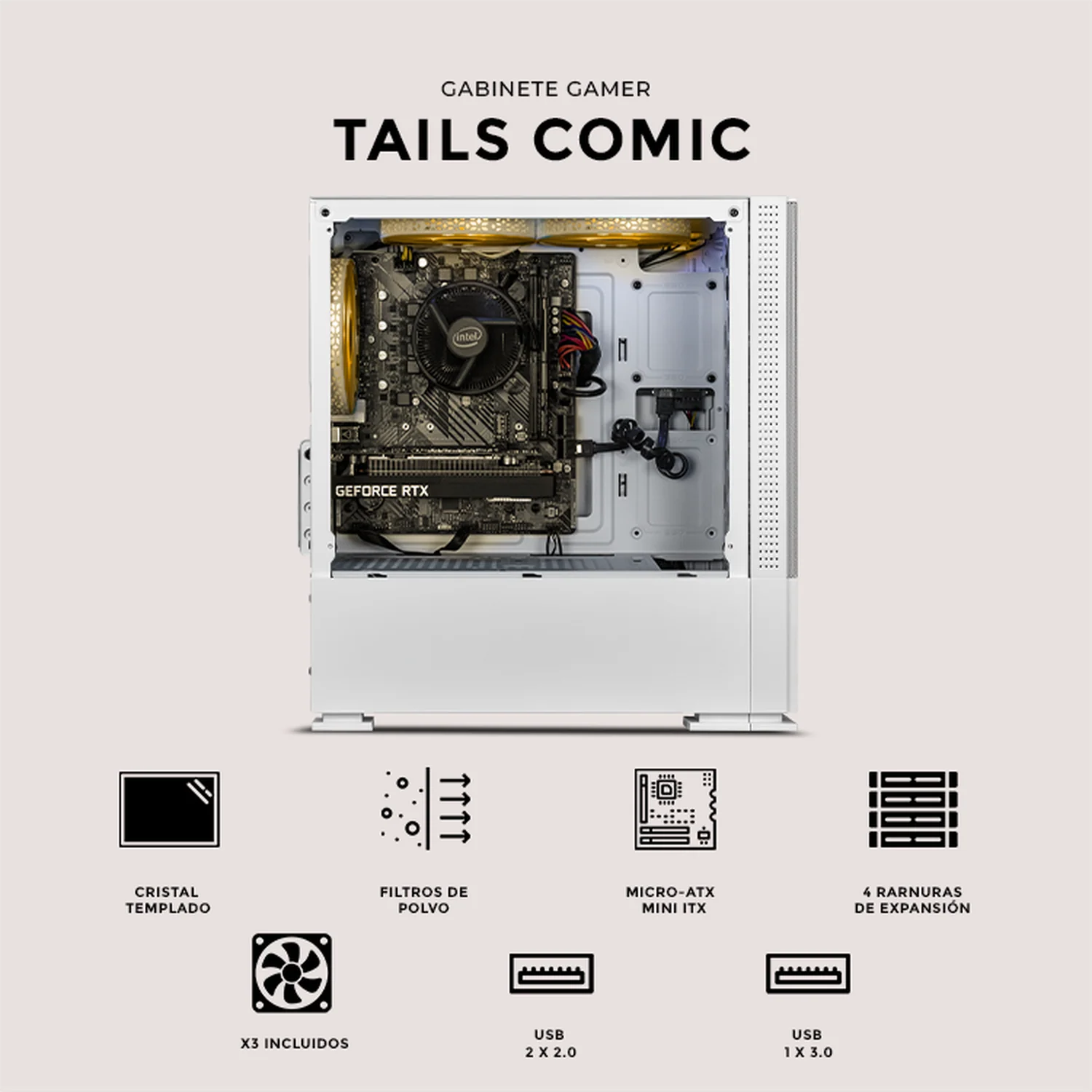 Gabinete XTREME PC GAMING Sonic Tails Comic Edition Mini Torre 3 Fan ARGB Blanco CXTTCAIWT - Image 5