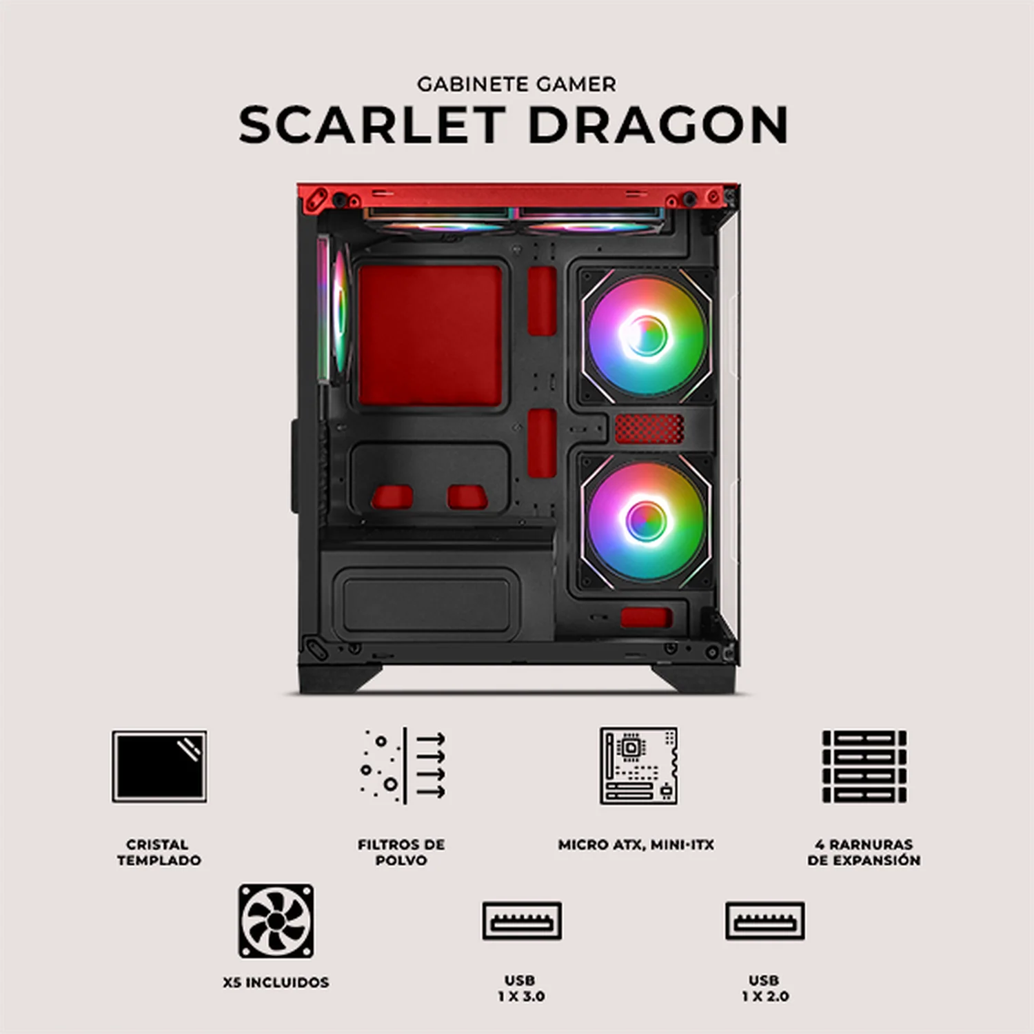 Gabinete XTREME PC GAMING Scarlet Dragon Edition Mini Torre 5 Fan ARGB HUB Rojo CXTSD9000RD - Image 5