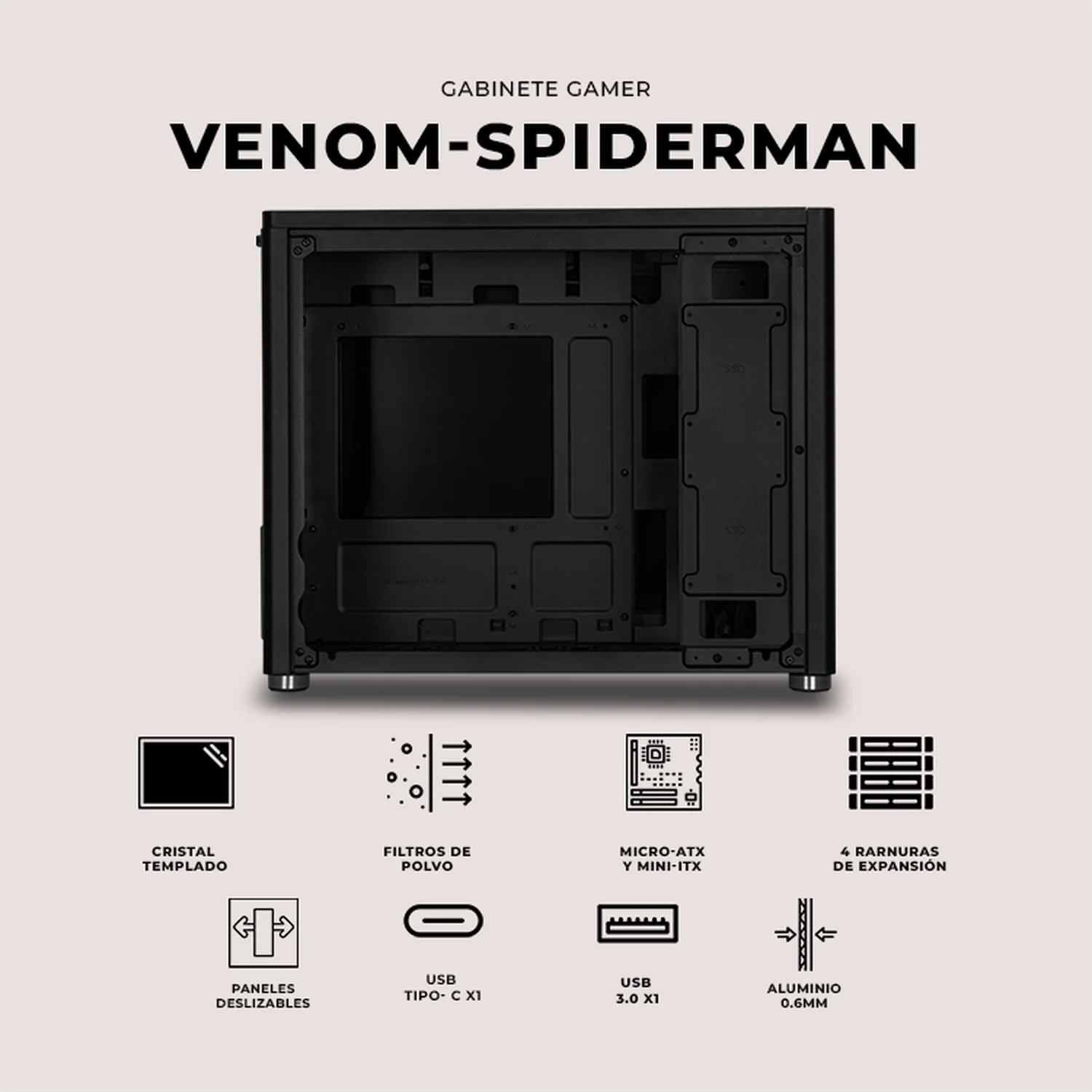 Gabinete XTREME PC GAMING Venom-Spider Comic Edition Mini Torre USB-C Negro CXTVS985BK - Image 5