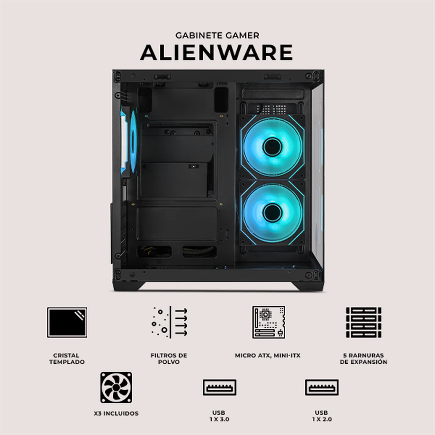 Gabinete XTREME PC GAMING Alienware Edition Mini Torre 3 Fan ARGB Negro CXTALTABK - Image 5