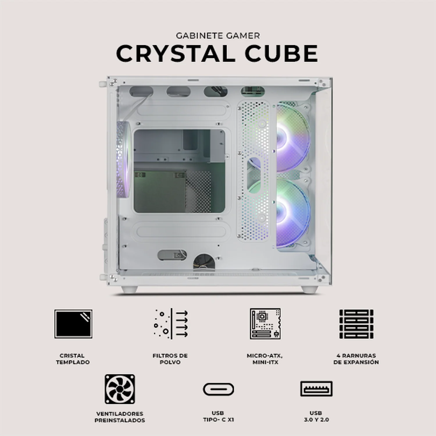 Gabinete XTREME PC GAMING Crystal Cube Mini Torre 3 Fan ARGB Blanco CXT955WT - Image 5