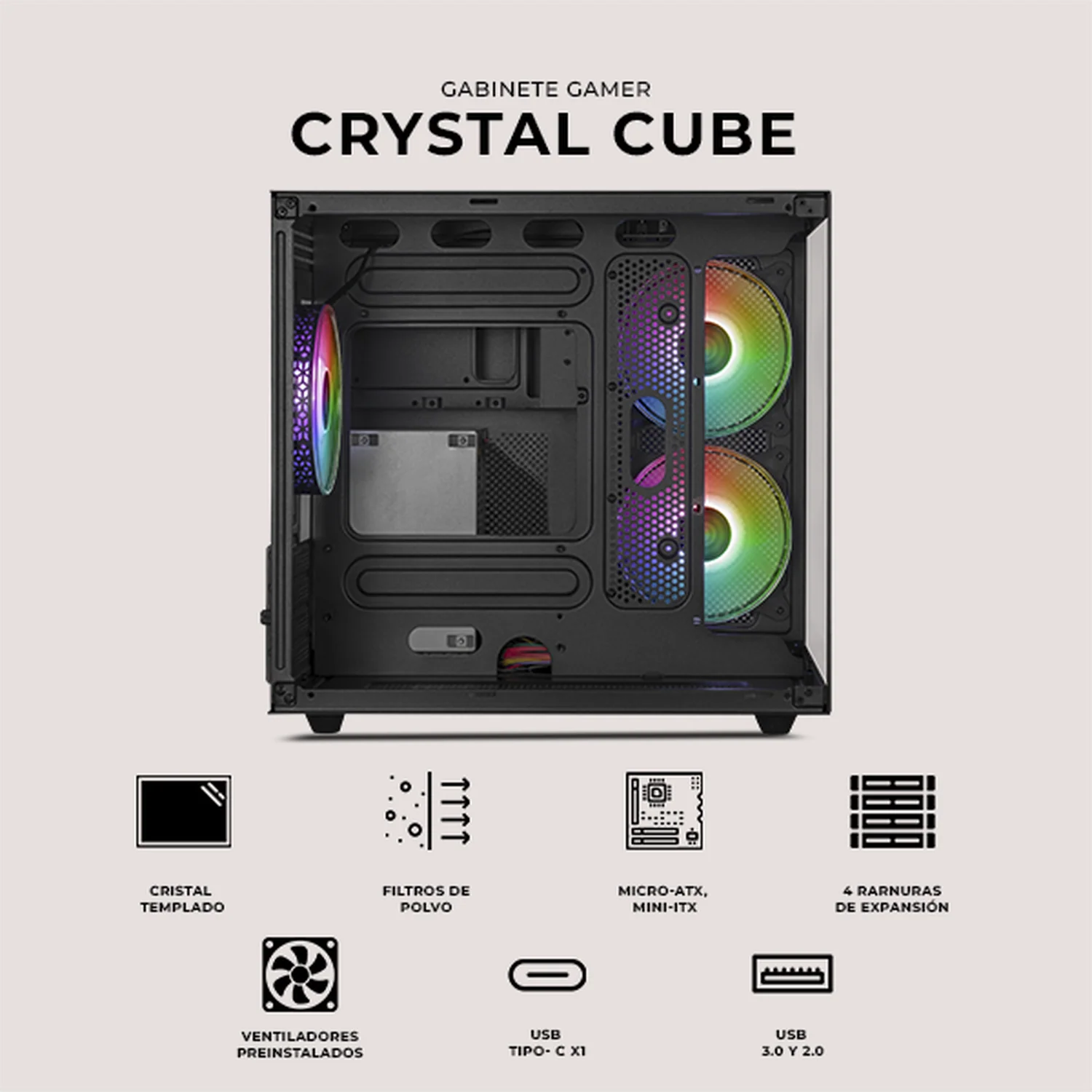Gabinete XTREME PC GAMING Crystal Cube Mini Torre 3 Fan ARGB Negro CXT955BK - Image 5
