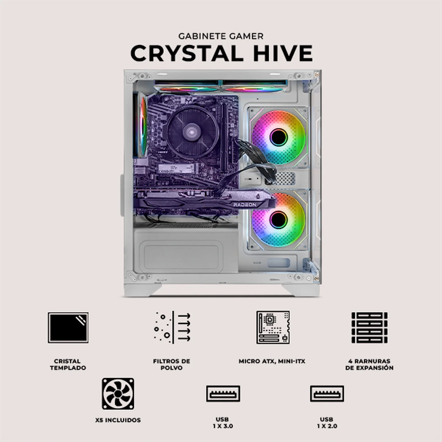 Gabinete XTREME PC GAMING Crystal Hive Mini Torre 5 Fan ARGB Blanco CXT3600WT - Image 5