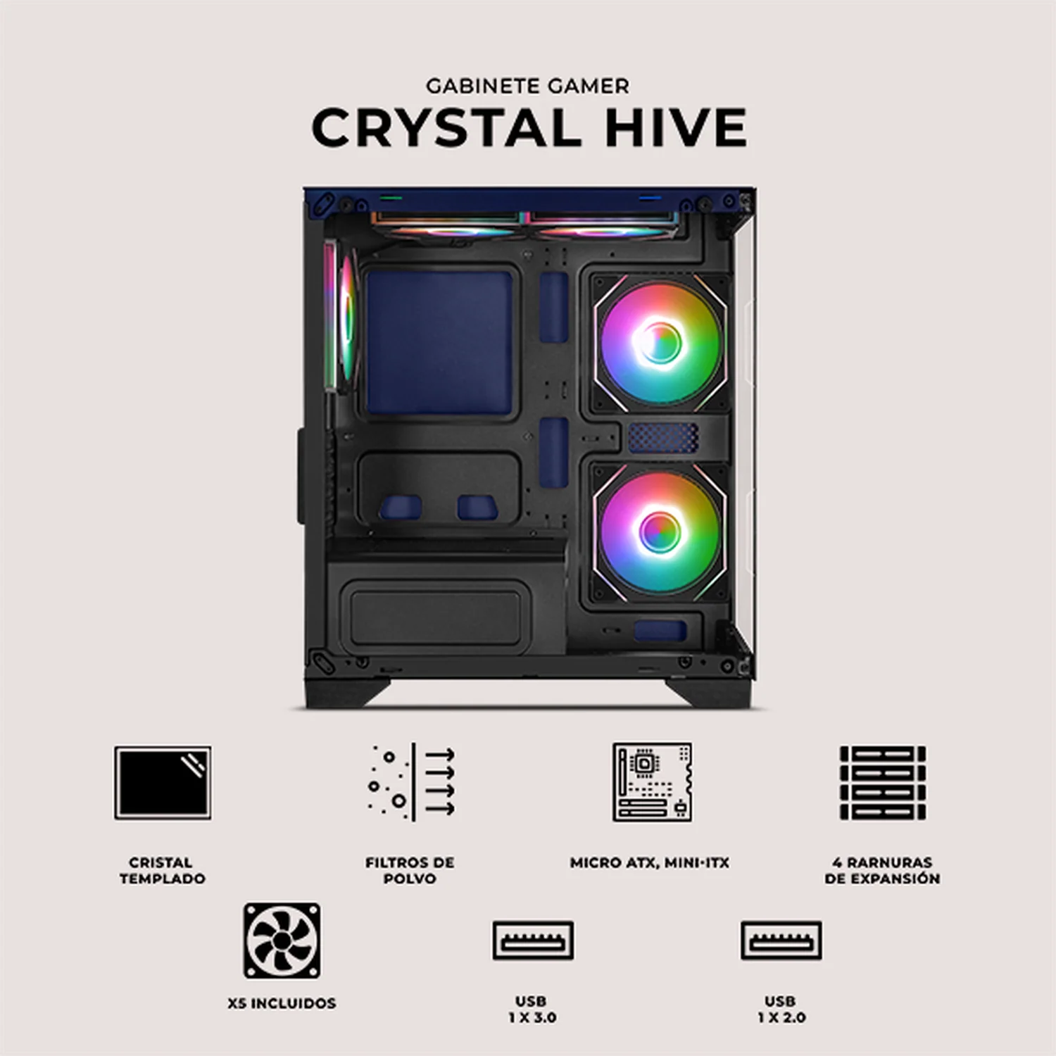 Gabinete XTREME PC GAMING Crystal Hive Mini Torre 5 Fan ARGB HUB Azul CXT3600BU - Image 5