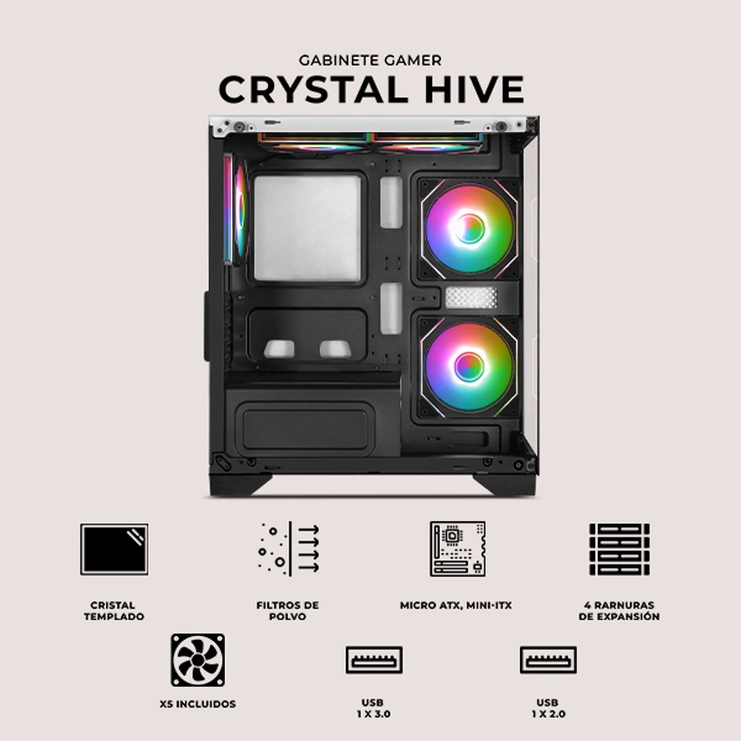 Gabinete XTREME PC GAMING Crystal Hive Mini Torre 5 Fan ARGB HUB Blanco y Negro CXT3600BW - Image 5