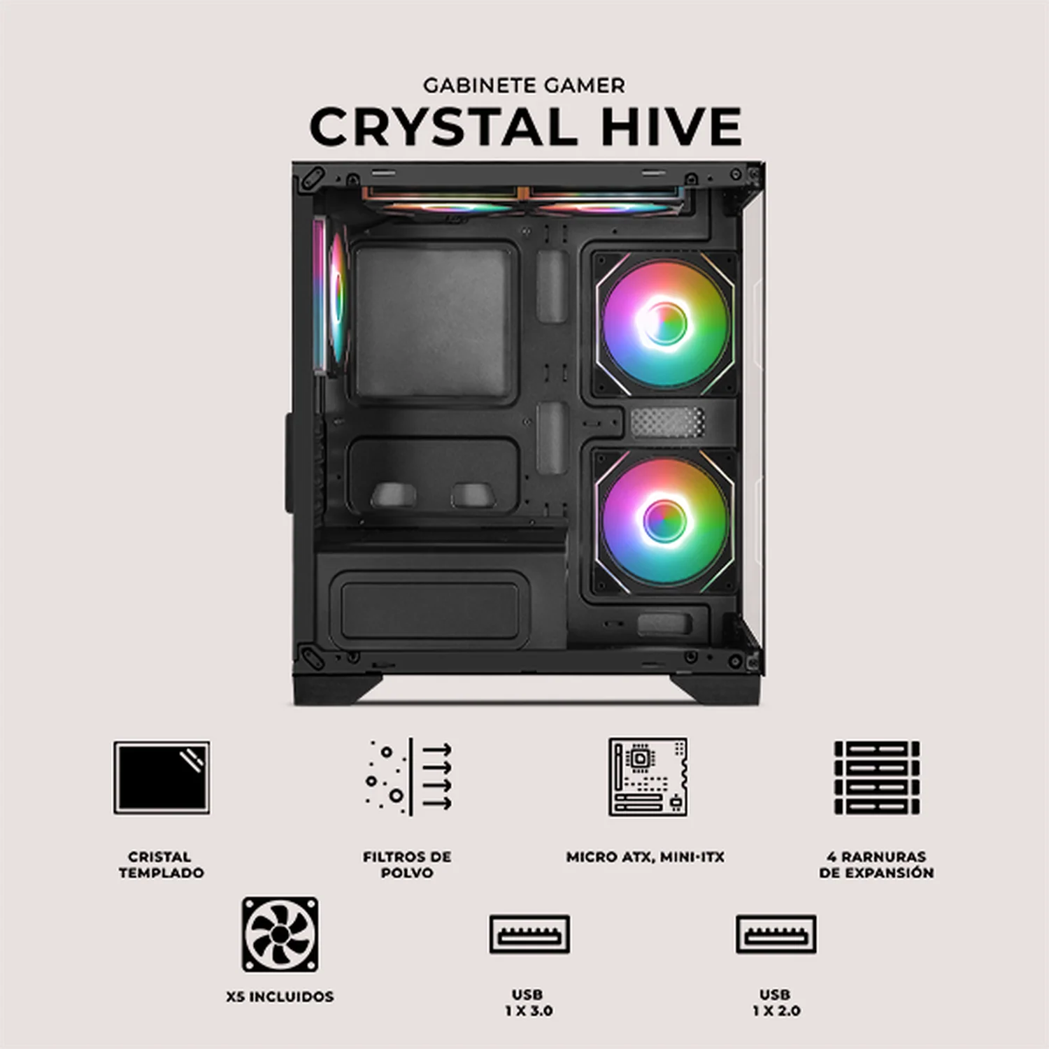 Gabinete XTREME PC GAMING Crystal Hive Mini Torre 5 Fan ARGB HUB Gris CXT3600GY - Image 5