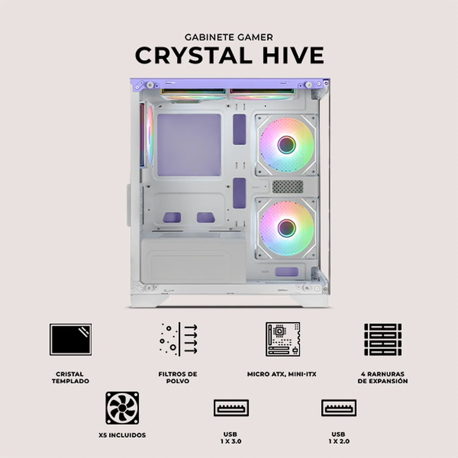 Gabinete XTREME PC GAMING Crystal Hive Mini Torre 5 Fan ARGB HUB Lila CXT3600LC - Image 5