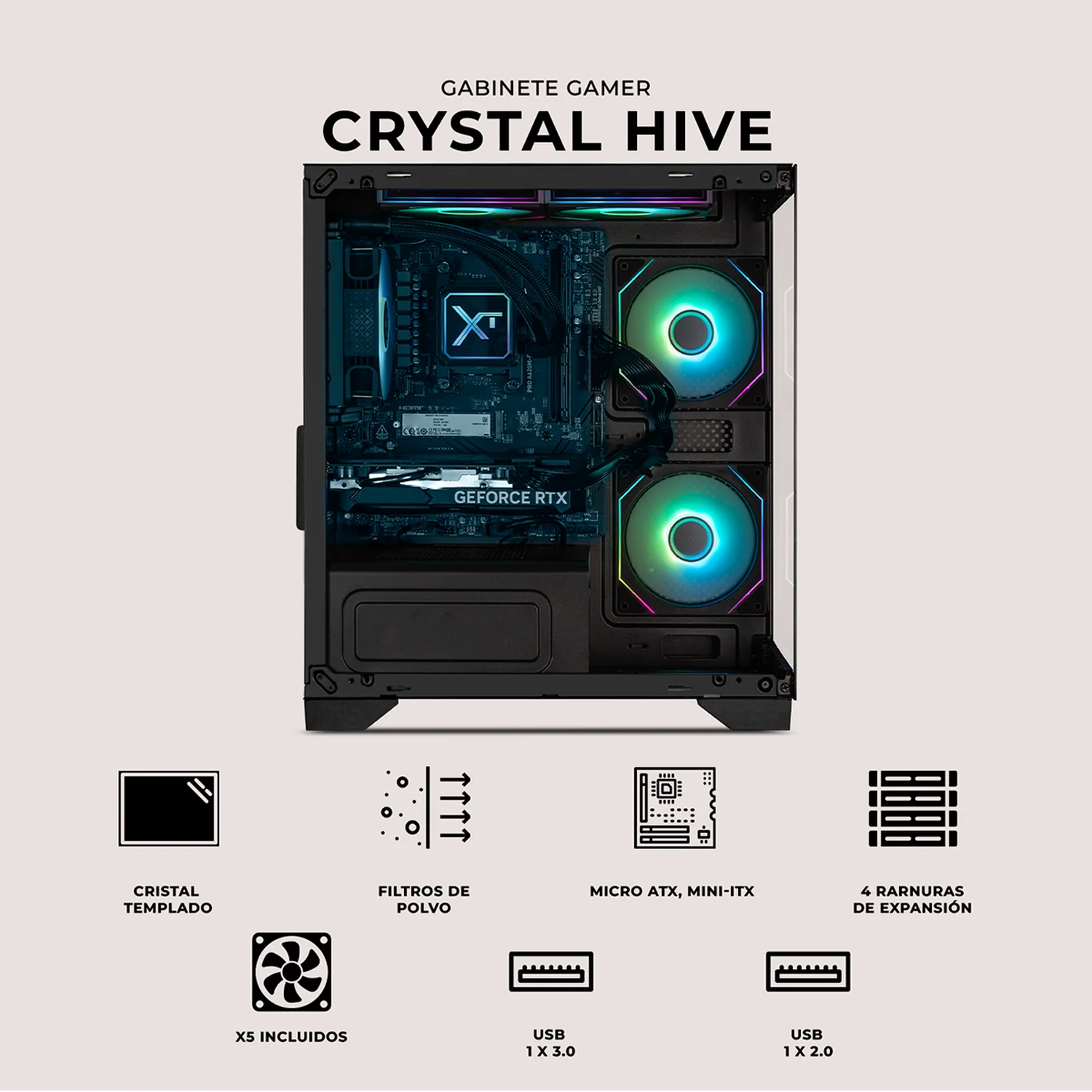 Gabinete XTREME PC GAMING Crystal Hive Mini Torre 5 Fan ARGB Negro CXT3600BK - Image 5