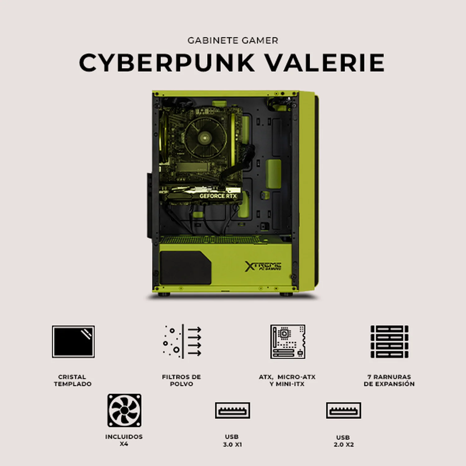 Gabinete XTREME PC GAMING Cyberpunk Valerie Edition Media Torre 4 Fan ARGB Verde Neon CXTCYVAKRNG - Image 5