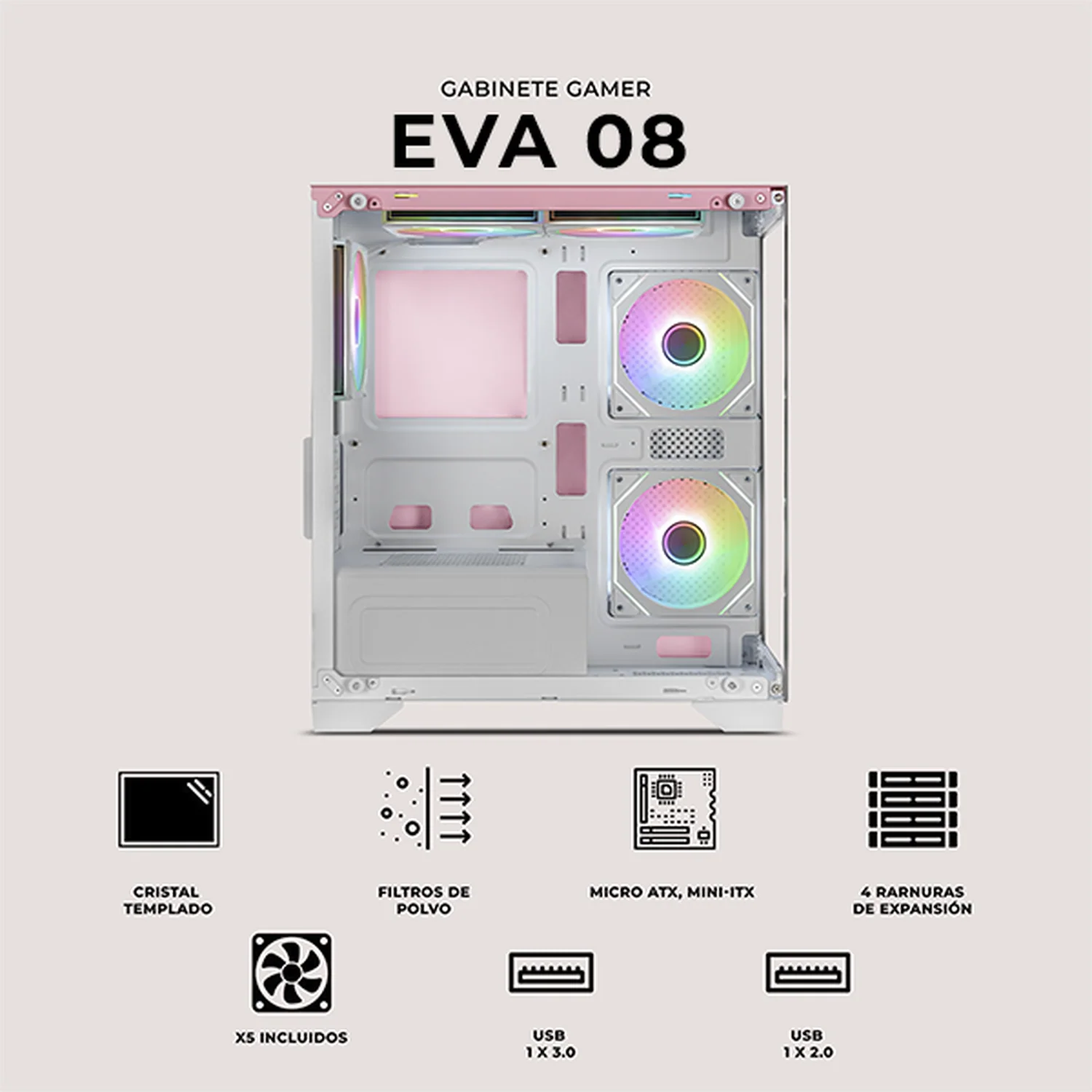 Gabinete XTREME PC GAMING Evangelion 08 Comic Edition Mini Torre 5 Fan ARGB HUB Pink CXTEVHIPK - Image 5