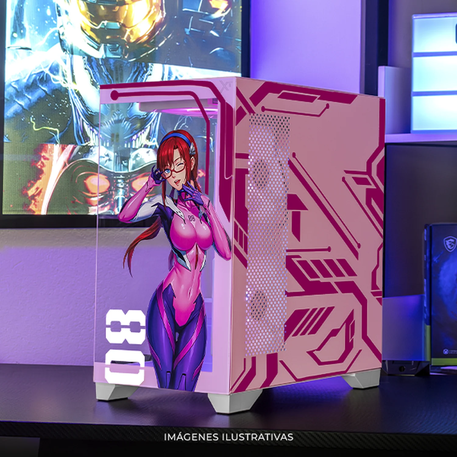 Gabinete XTREME PC GAMING Evangelion 08 Comic Edition Mini Torre 5 Fan ARGB HUB Pink CXTEVHIPK - Image 6