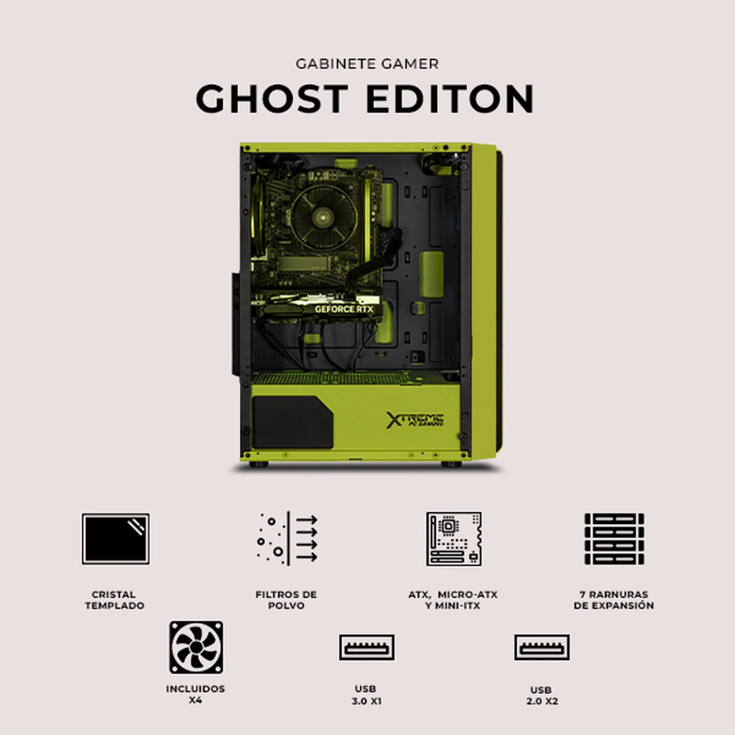 Gabinete XTREME PC GAMING Ghost Edition Media Torre 4 Fan ARGB Verde Neon CXTGHKRNG - Image 5