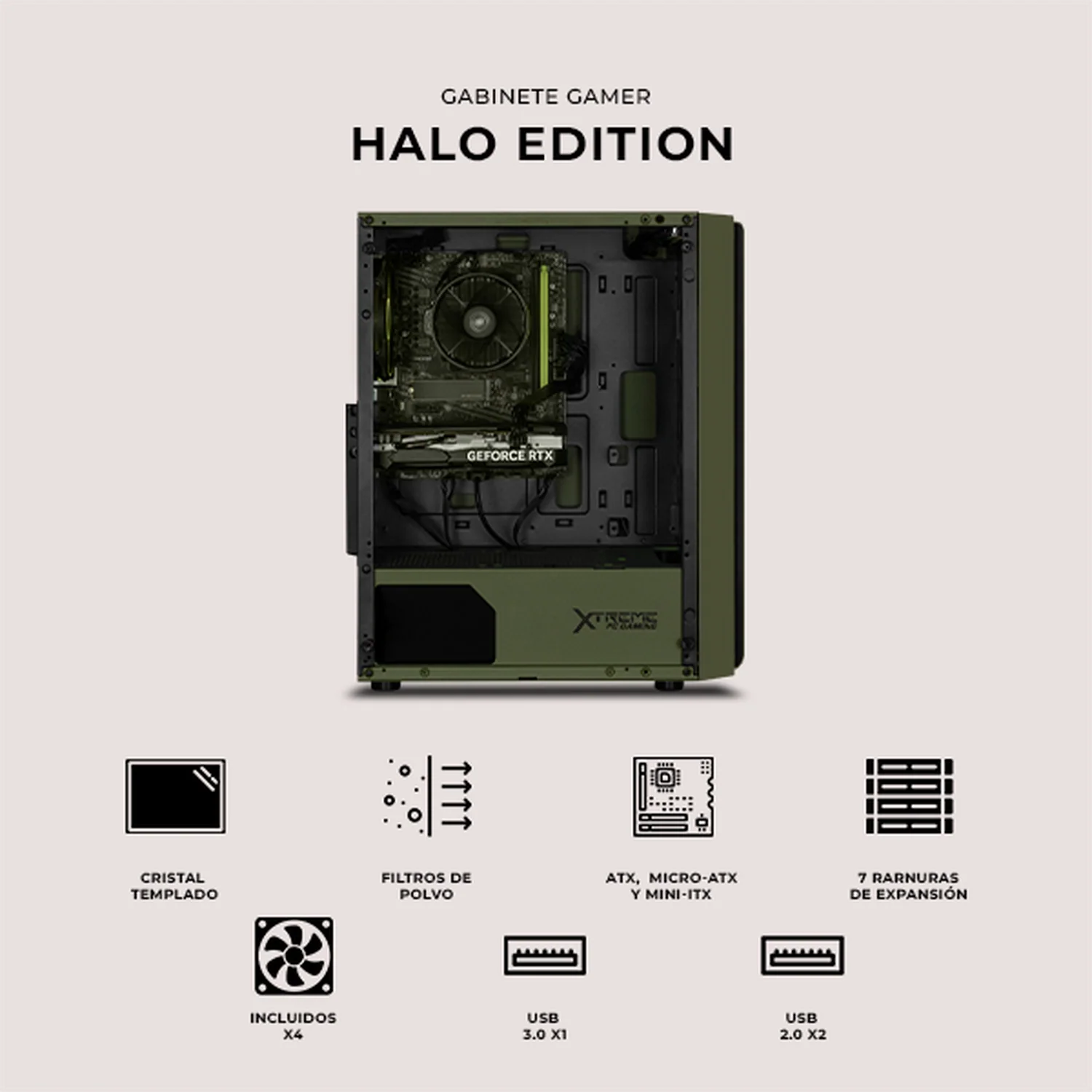 Gabinete XTREME PC GAMING Halo Edition Media Torre 4 Fan ARGB Verde Militar CXTHAKRDG - Image 5