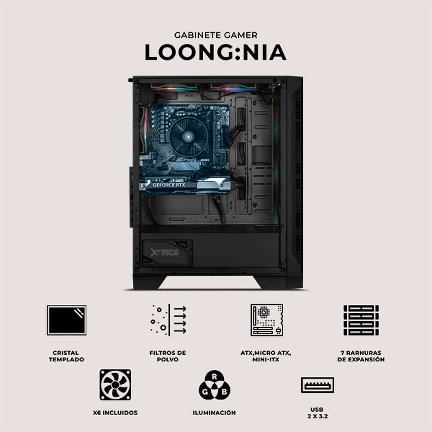 Gabinete XTREME PC GAMING Loong:Nia Edition Media Torre 6 Fan RGB Negro CXTLOMABK - Image 5