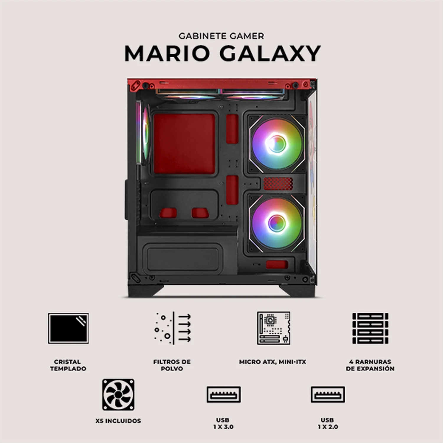 Gabinete XTREME PC GAMING Mario Galaxy Edition Mini Torre 5 Fan ARGB HUB Rojo CXTMACRRD - Image 5