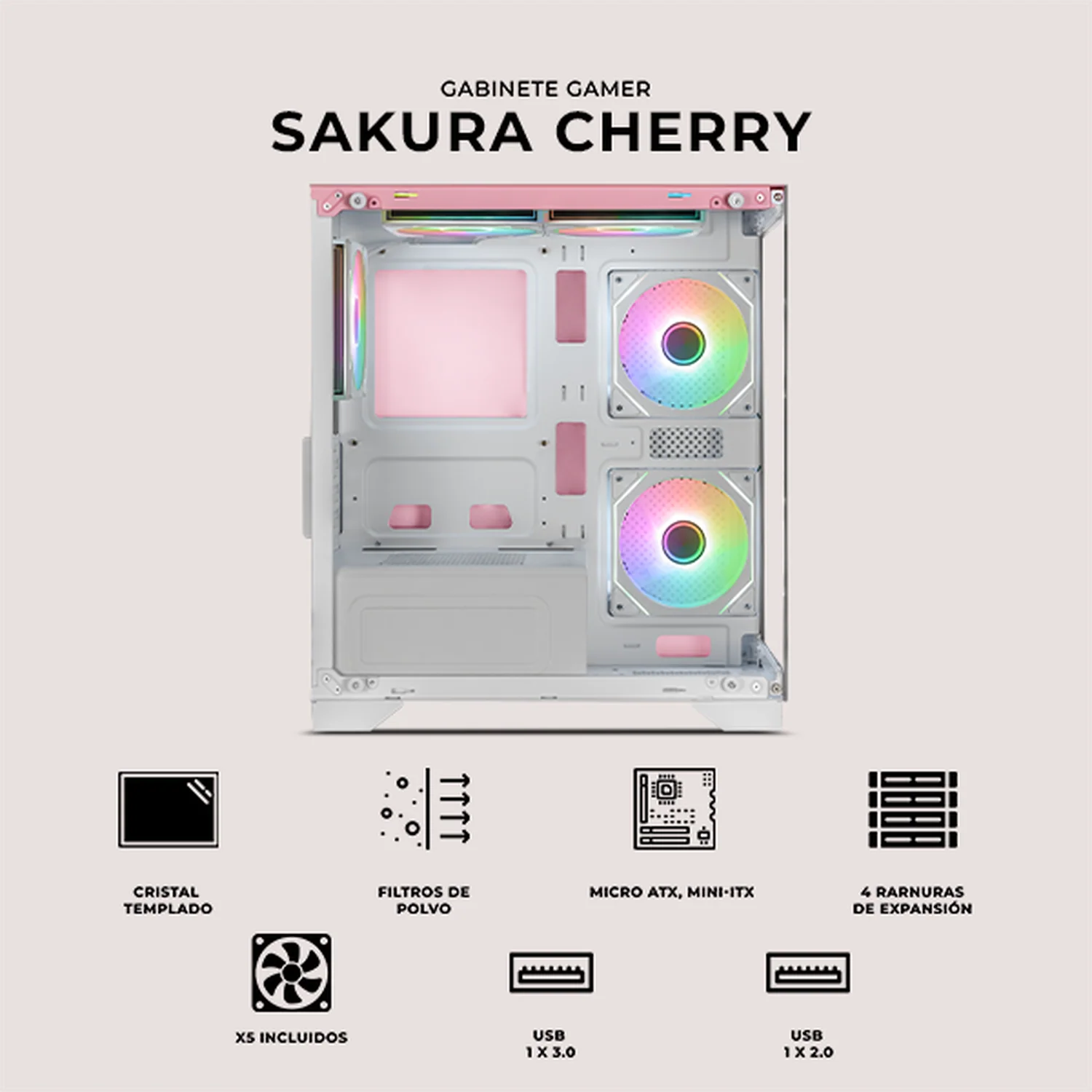 Gabinete XTREME PC GAMING Sakura Cherry Edition Mini Torre 5 Fan ARGB HUB Pink CXTSAHIPK - Image 5