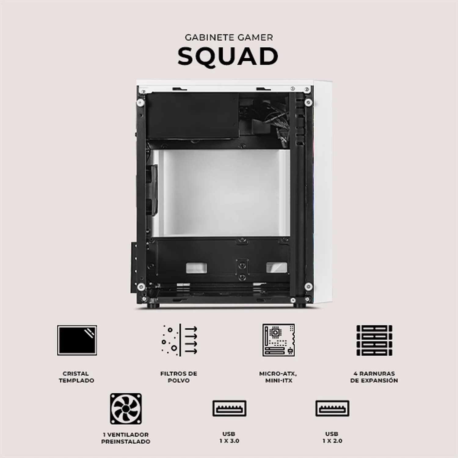 Gabinete XTREME PC GAMING Squad Mini Torre 1 Fan FRGB 500W Blanco CDXT900WTV2 - Image 5