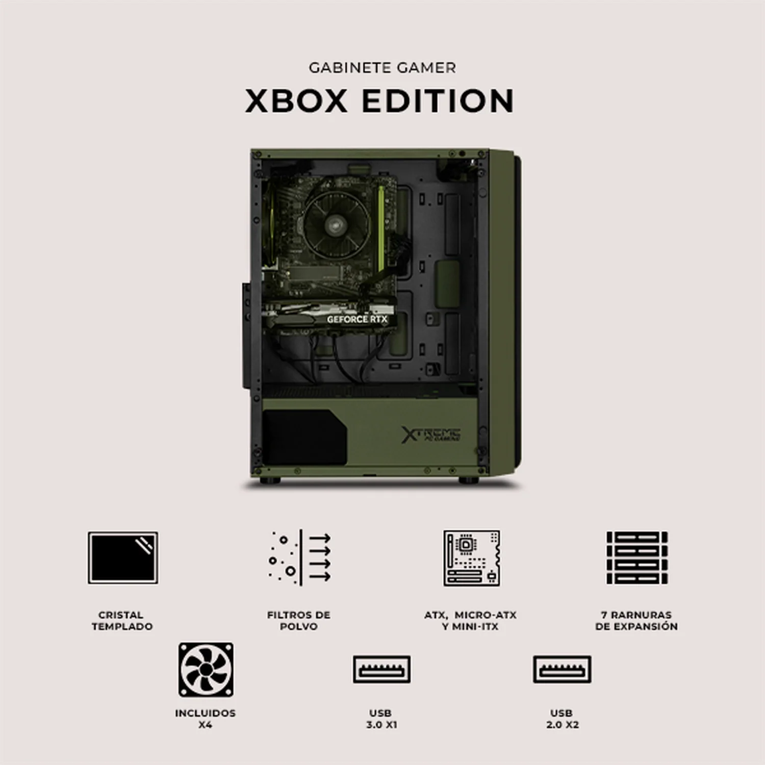 Gabinete XTREME PC GAMING XBOX Edition Media Torre 4 Fan ARGB Verde Militar CXTXBKRDG - Image 5