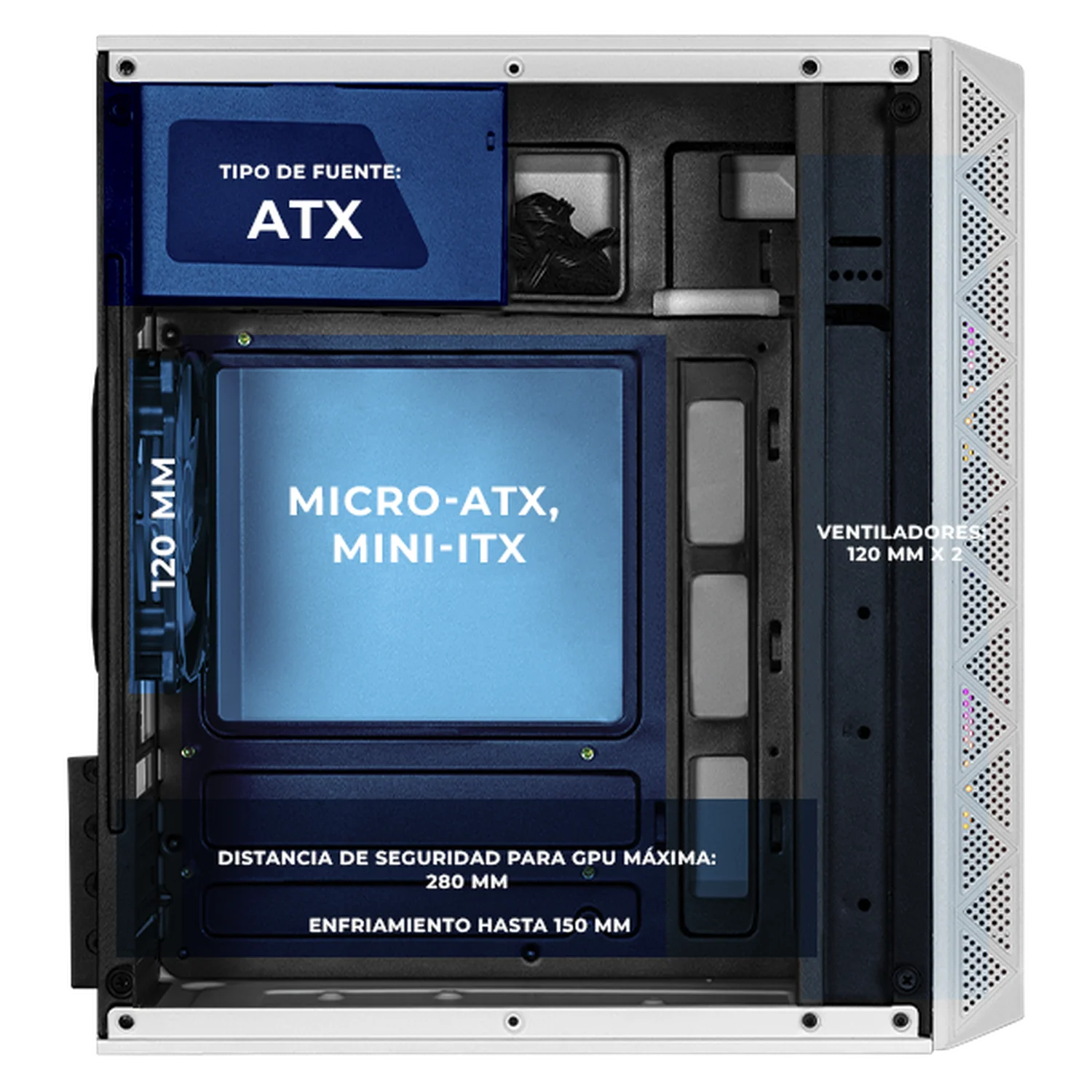 Gabinete XTREME PC GAMING Zero Mini Torre 3 Fan ARGB 600W Blanco CXTGI730WT - Image 3