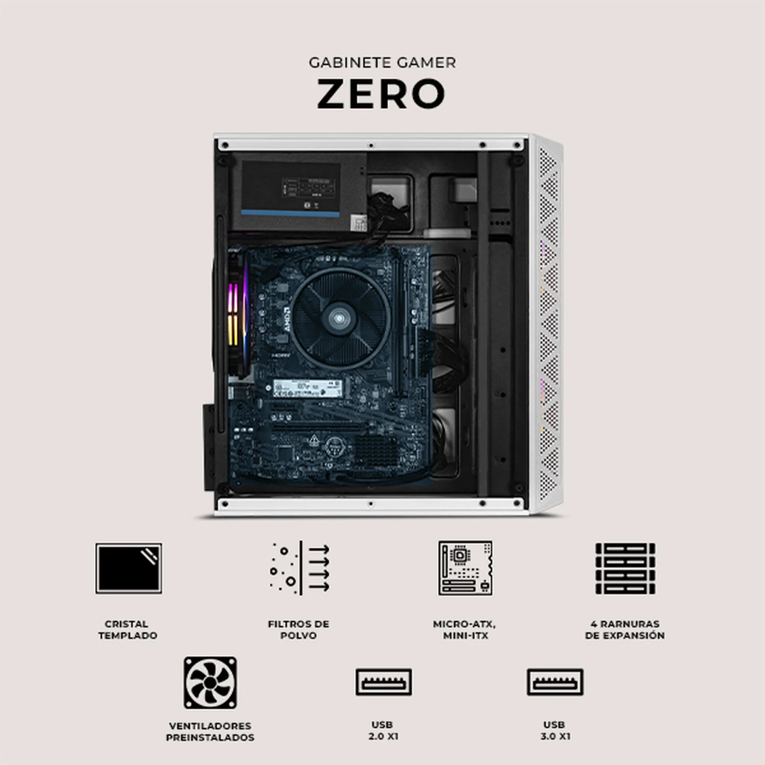 Gabinete XTREME PC GAMING Zero Mini Torre 3 Fan ARGB 600W Blanco CXTGI730WT - Image 5