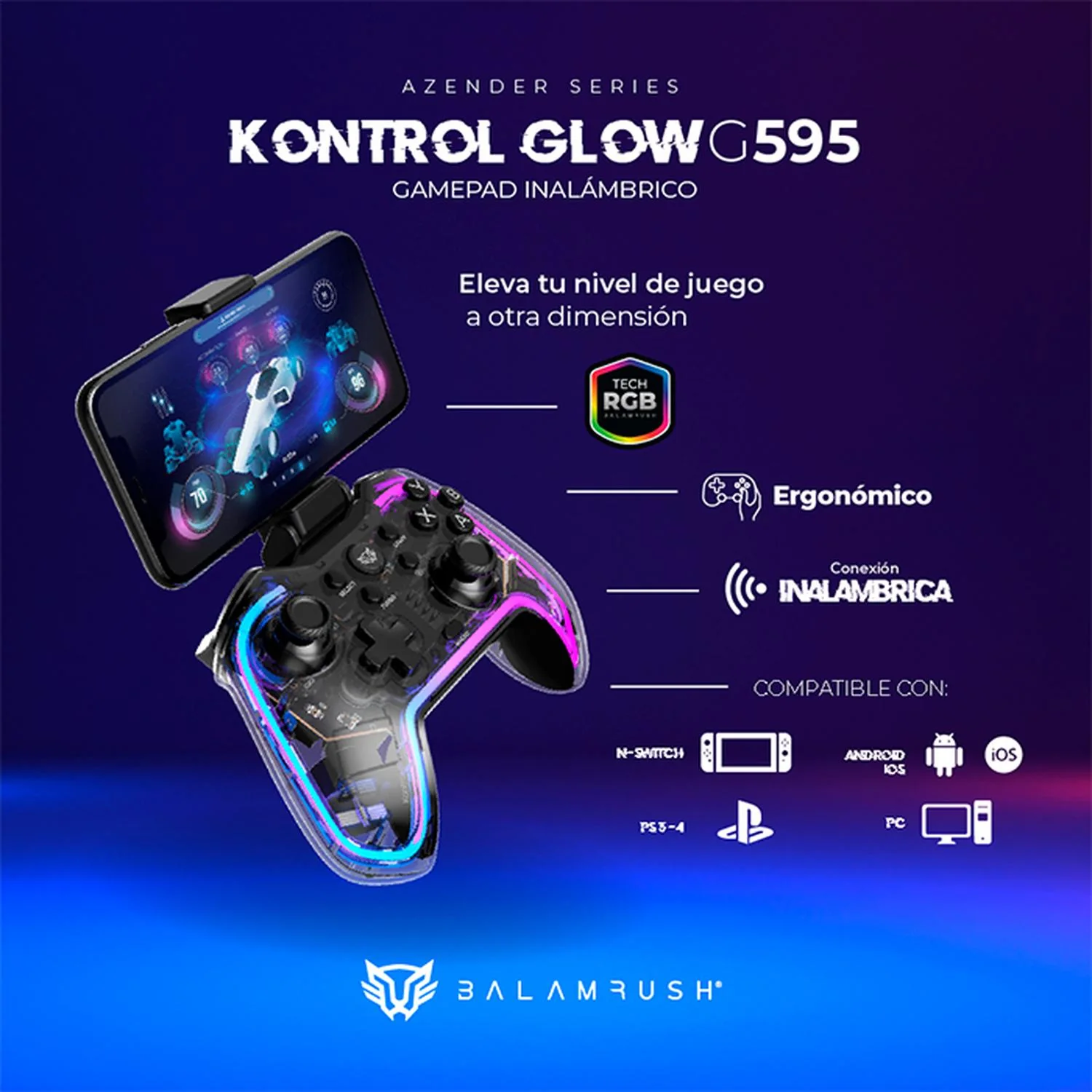 Gamepad BALAM RUSH KONTROL GLOW G595 RGB Inalambrico Pc Android PS3 PS4 BR-936910 - Image 3