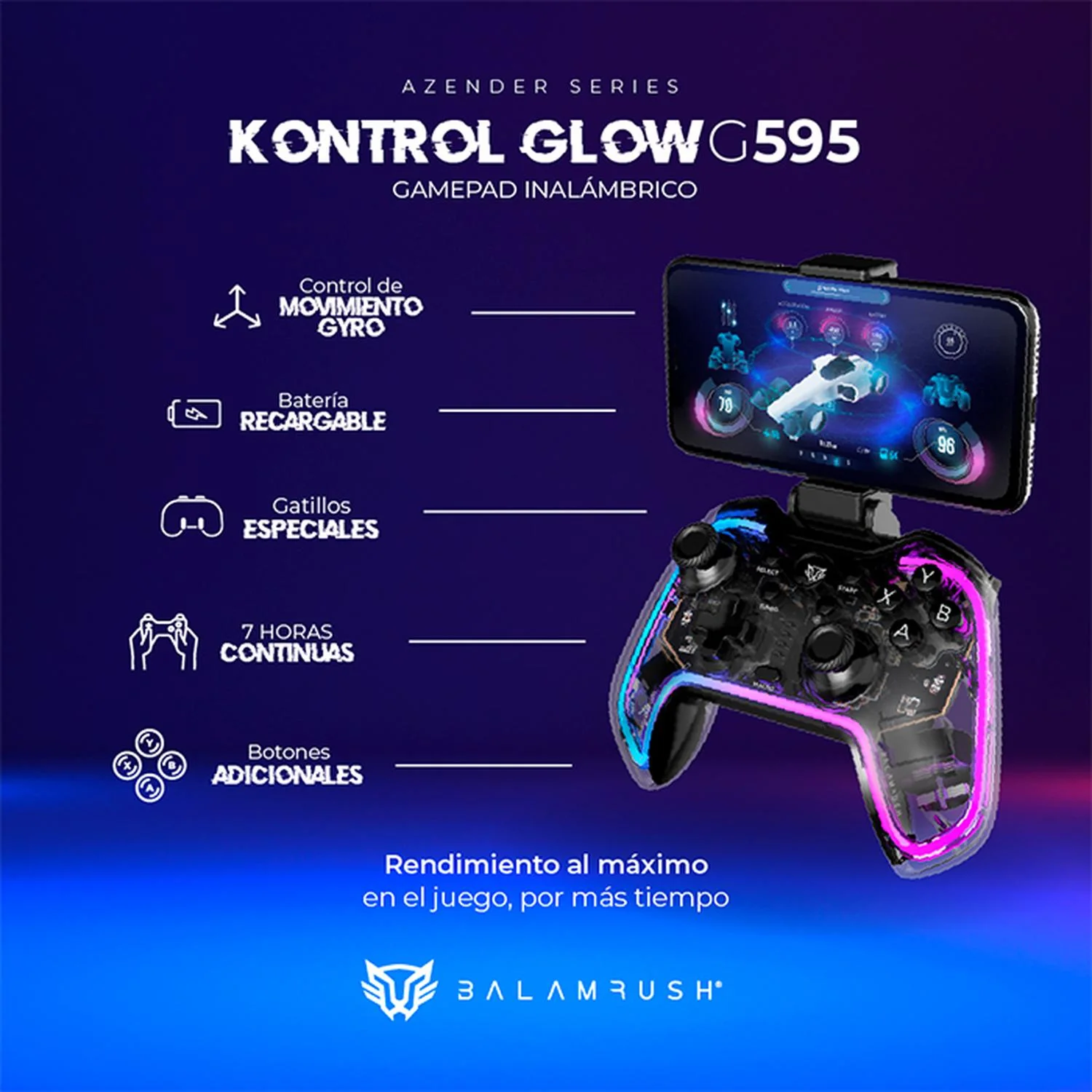 Gamepad BALAM RUSH KONTROL GLOW G595 RGB Inalambrico Pc Android PS3 PS4 BR-936910 - Image 4