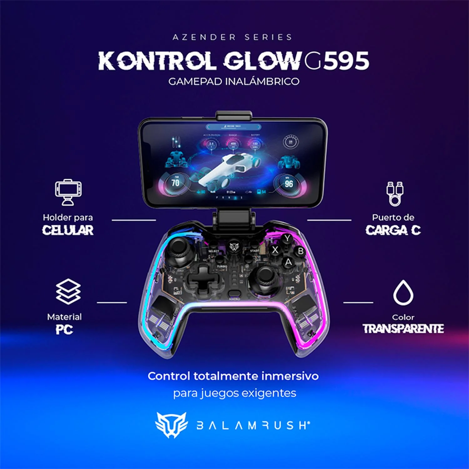 Gamepad BALAM RUSH KONTROL GLOW G595 RGB Inalambrico Pc Android PS3 PS4 BR-936910 - Image 5