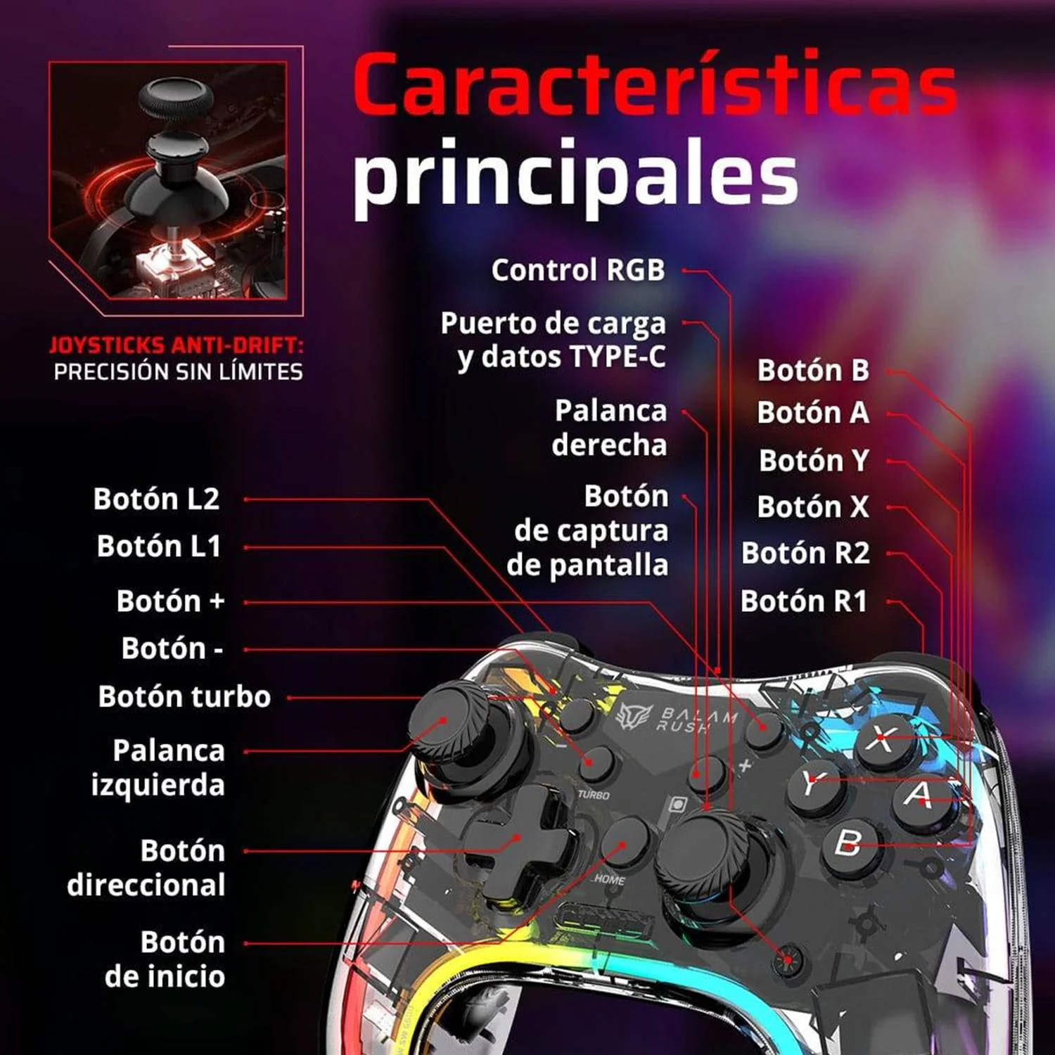 Gamepad BALAM RUSH KONTROL GLOW SWG600 RGB Inalambrico PC Android iOS BR-940467 - Image 3