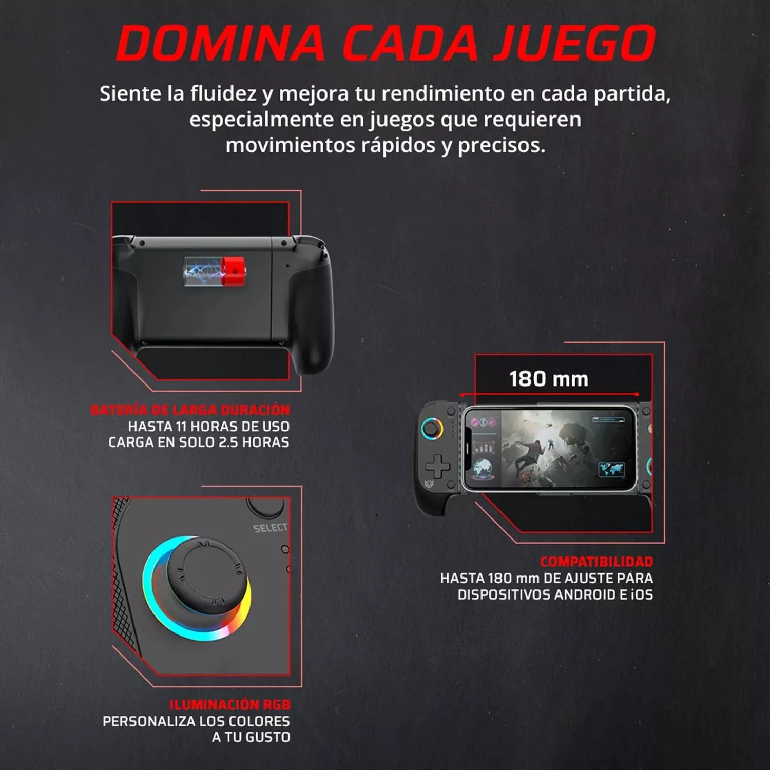 Gamepad Para Movil BALAM RUSH KONTROL MOVE G626 RGB Inalambrico Android iOS Negro BR-940474 - Image 4