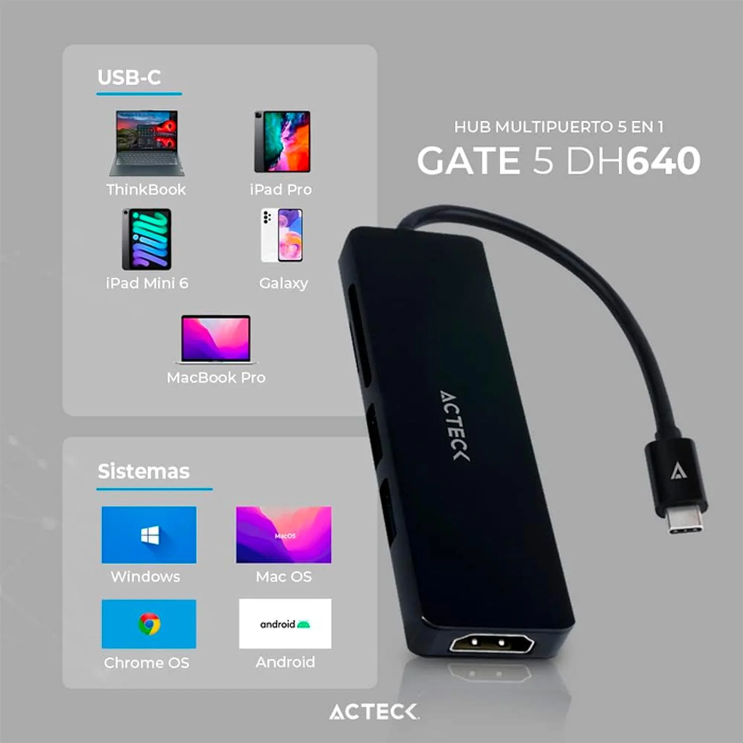 HUB ACTECK GATE 5 DH640 Multipuerto 5 en 1 USB-C HDMI 4K SD 2.0 Negro AC-934633 - Image 5