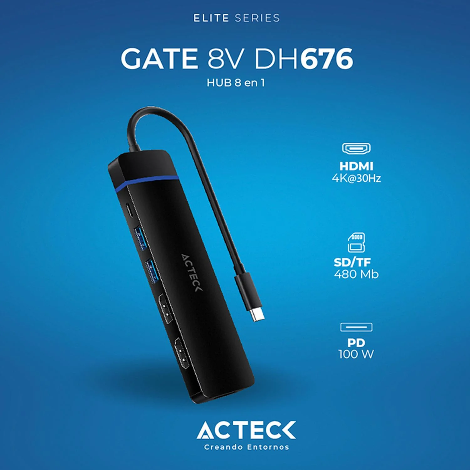 HUB ACTECK GATE 8V DH676 Multipuerto 8 en 1 USB-C HDMI DisplayPort Micro SD Negro AC-936477 - Image 3