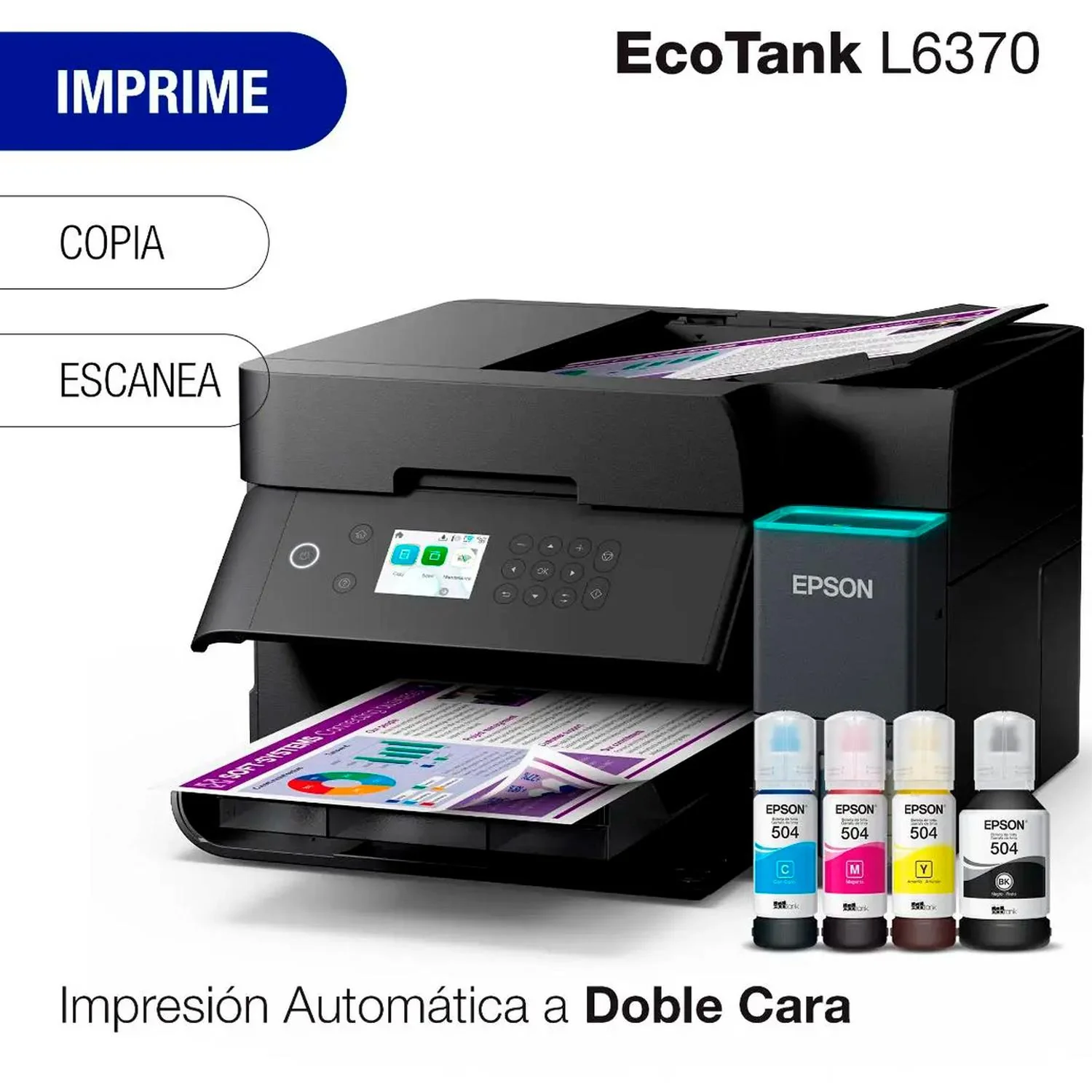 Impresora Multifuncional Inalambrica Epson EcoTank L6370 Imprime Copia Escanea Color Dúplex Legal Pantalla LCD WiFi C11CL43301 Alto rendimiento y productividad - Image 2