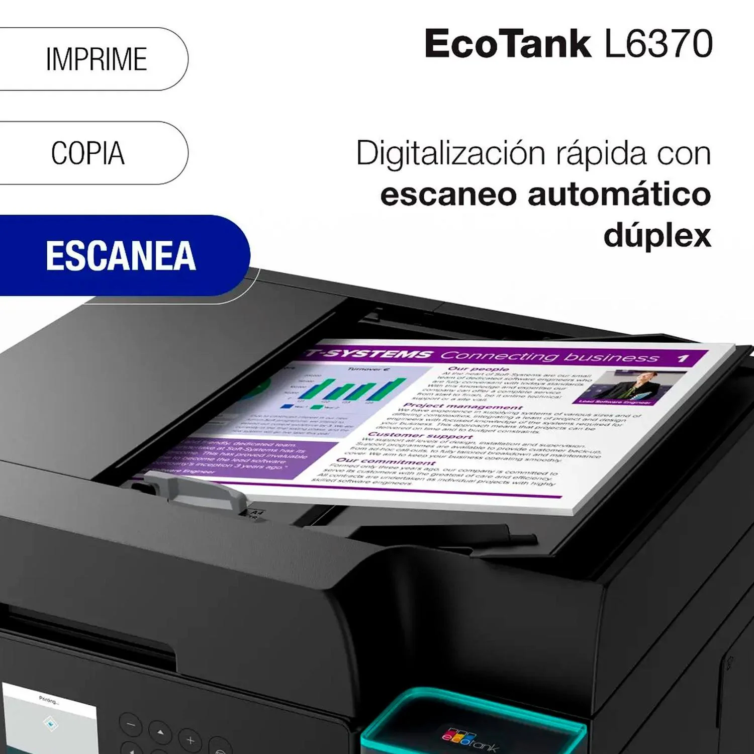 Impresora Multifuncional Inalambrica Epson EcoTank L6370 Imprime Copia Escanea Color Dúplex Legal Pantalla LCD WiFi C11CL43301 Alto rendimiento y productividad - Image 4