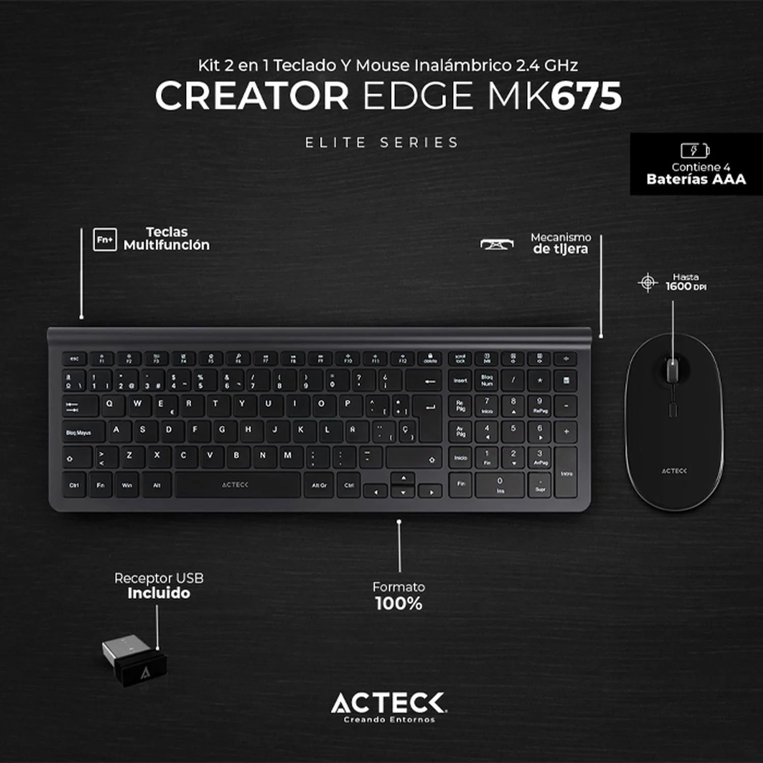 Kit Teclado y Mouse ACTECK CREATOR INSPIRE EDGE MK675 Inalambrico USB 2.4Ghz Ultra Delgado AC-934954 - Image 2