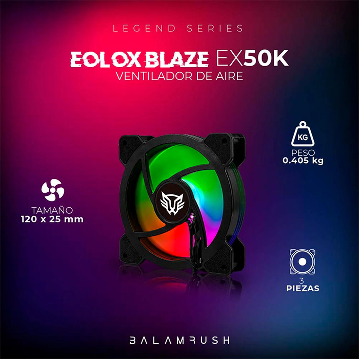 Kit 3 Ventiladores Gamer BALAM RUSH EOLOX BLAZE EX50K 120mm ARGB Diseño Circular Borde LED Rainbow 1500RPM Negro 3 Pin Controladora BR-937986 - Image 5