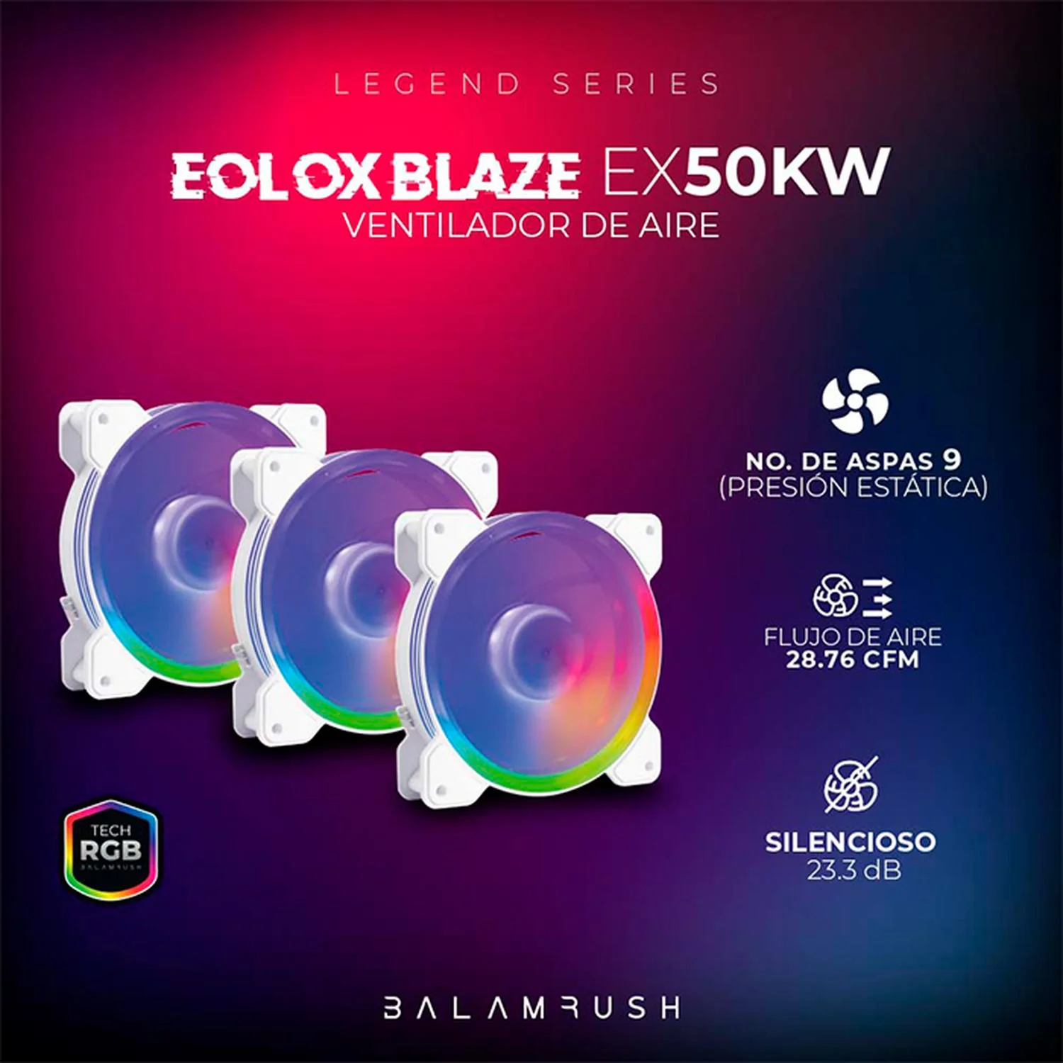Kit 3 Ventiladores Gamer BALAM RUSH EOLOX BLAZE EX50KW 120mm ARGB Diseño Circular Borde LED Rainbow 1500RPM Blanco 3 Pin Controladora BR-937993 - Image 3