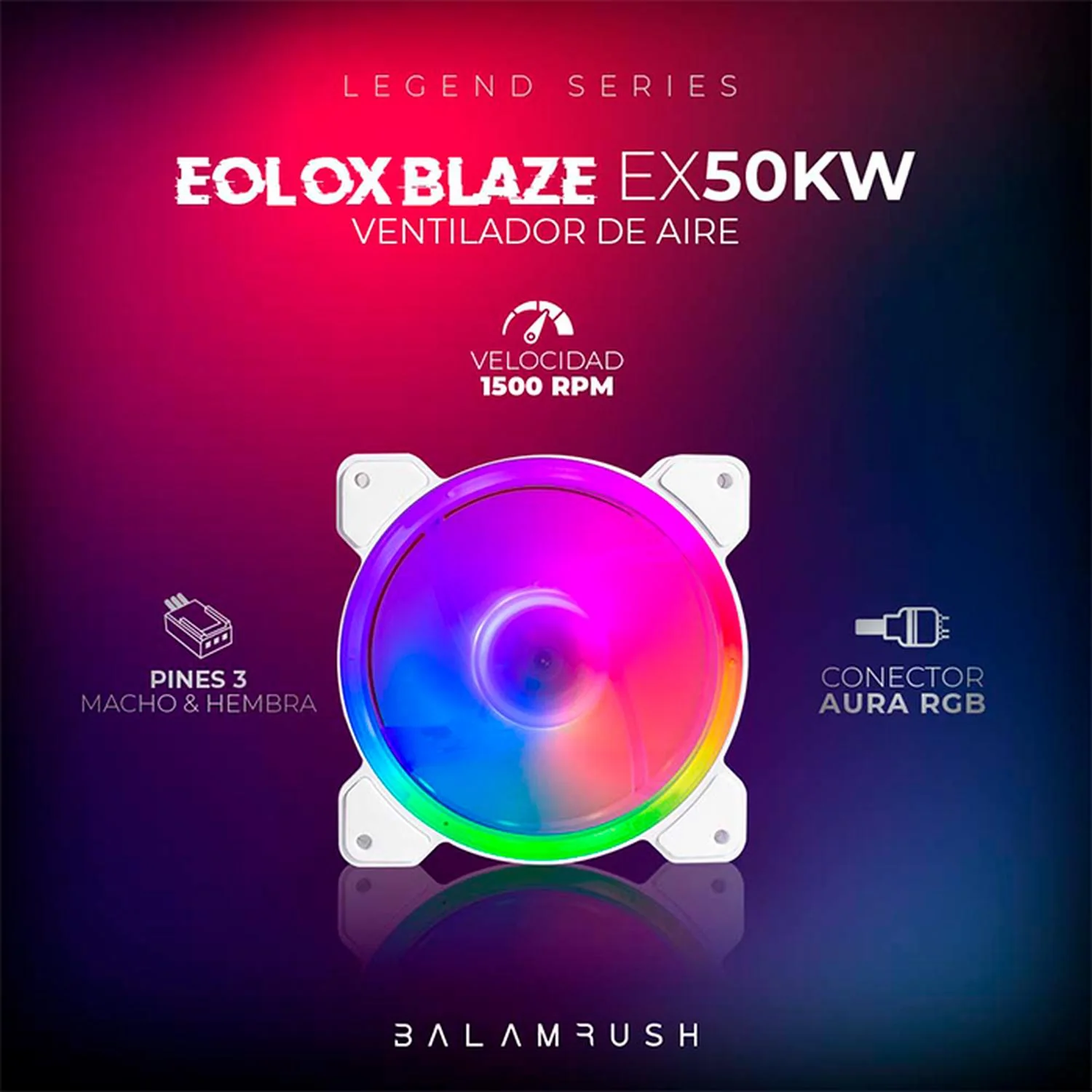 Kit 3 Ventiladores Gamer BALAM RUSH EOLOX BLAZE EX50KW 120mm ARGB Diseño Circular Borde LED Rainbow 1500RPM Blanco 3 Pin Controladora BR-937993 - Image 4