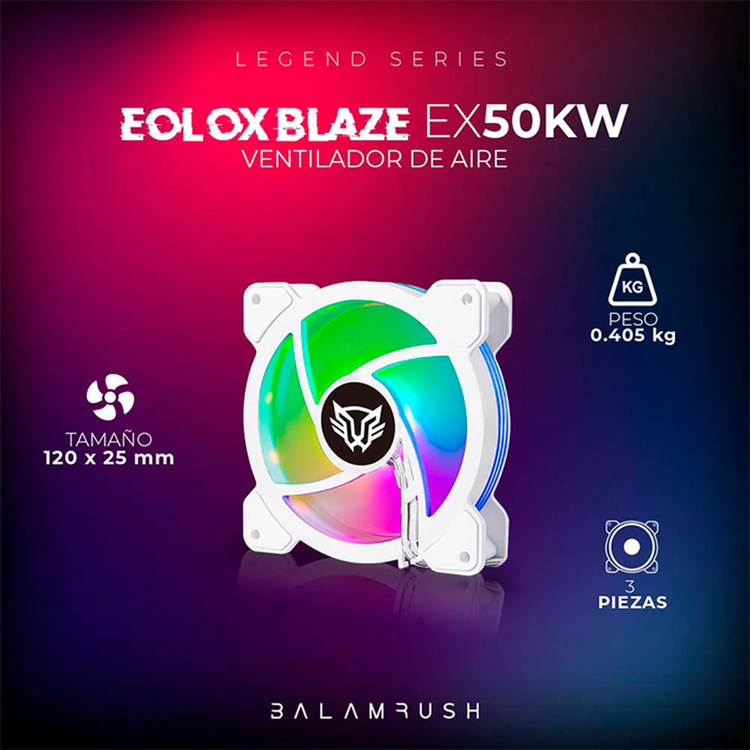 Kit 3 Ventiladores Gamer BALAM RUSH EOLOX BLAZE EX50KW 120mm ARGB Diseño Circular Borde LED Rainbow 1500RPM Blanco 3 Pin Controladora BR-937993 - Image 5