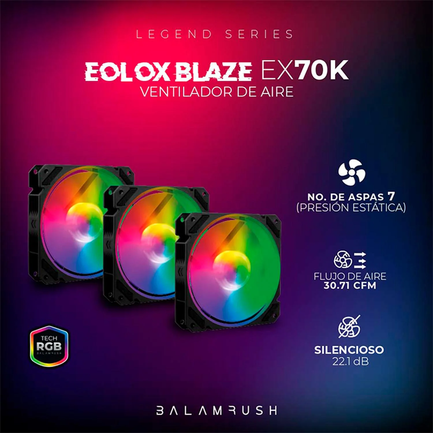 Kit 3 Ventiladores Gamer BALAM RUSH EOLOX BLAZE EX70K 120mm ARGB Diseño Cuadrado Rainbow 1200RPM Negro 3 Pin Controladora BR-937962 - Image 3