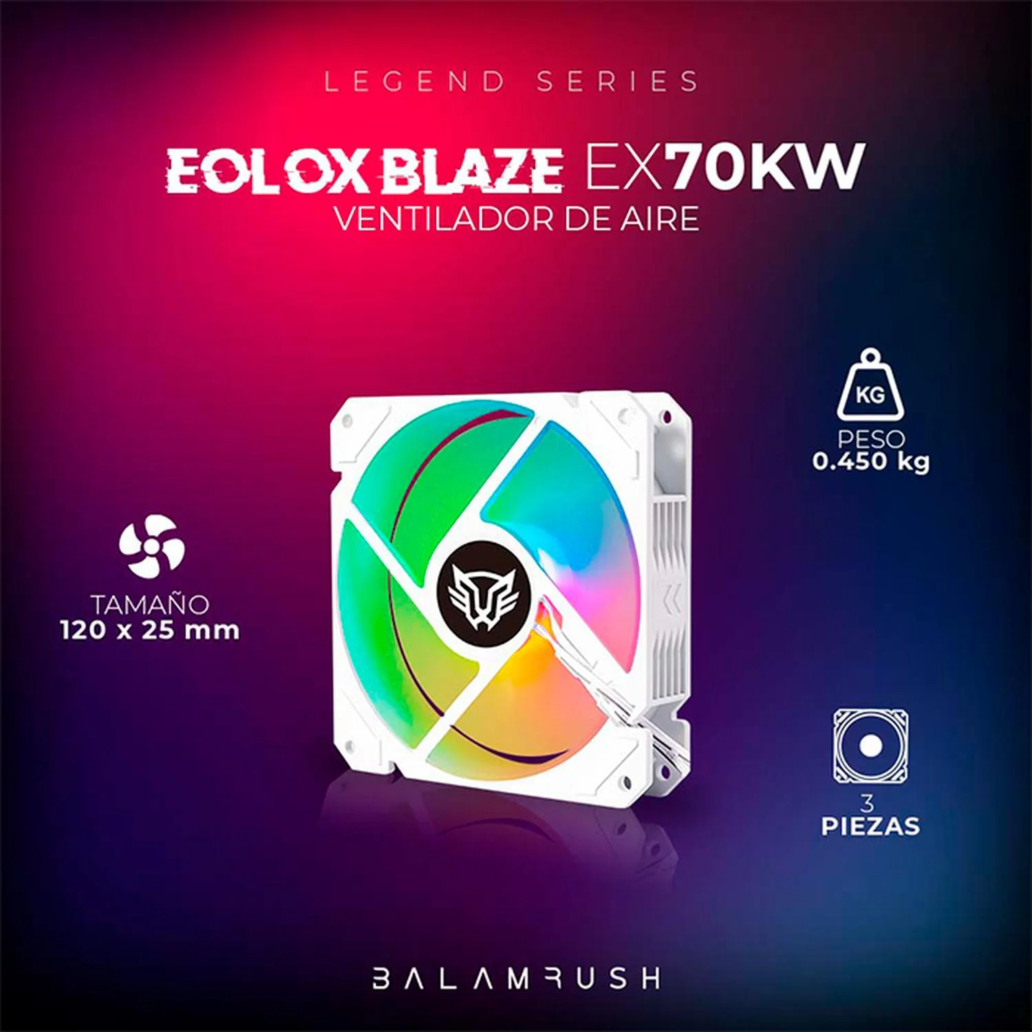 Kit 3 Ventiladores Gamer BALAM RUSH EOLOX BLAZE EX70KW 120mm ARGB Diseño Cuadrado Rainbow 1200RPM Blanco 3 Pin Controladora BR-937979 - Image 5