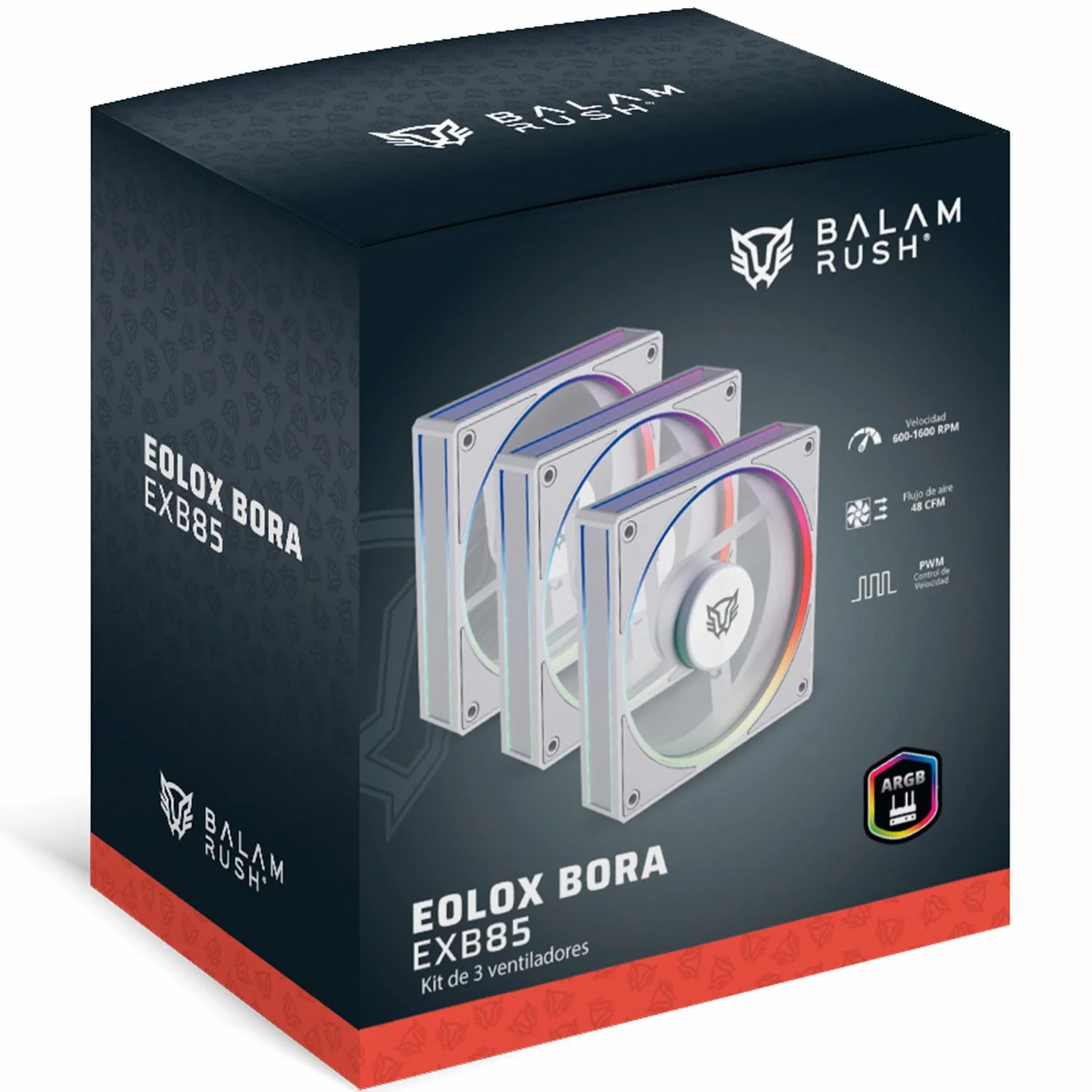 Kit 3 Ventiladores Gamer BALAM RUSH EOLOX BORA EXB85 120mm ARGB Diseño Cuadrado PWM 4 pin + Aura 1600RPM Blanco BR-942133 - Image 6