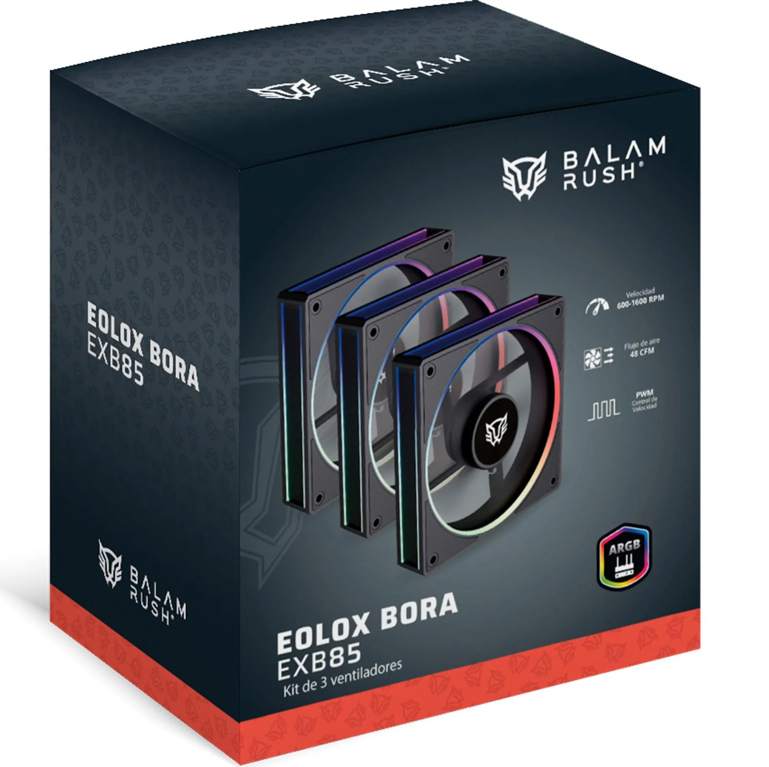 Kit 3 Ventiladores Gamer BALAM RUSH EOLOX BORA EXB85 120mm ARGB Diseño Cuadrado PWM 4 pin + Aura 1600RPM Negro BR-942126 - Image 6