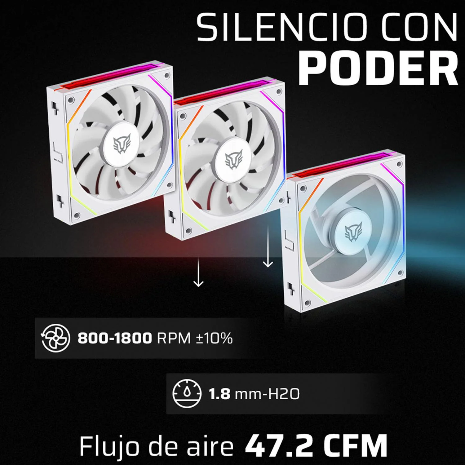 Kit 3 Ventiladores Gamer BALAM RUSH EOLOX LINK EXL95 120mm ARGB Diseño Cuadrado 1800RPM Blanco Daisy-Chain 4 Pin Blanco BR-942096 - Image 4