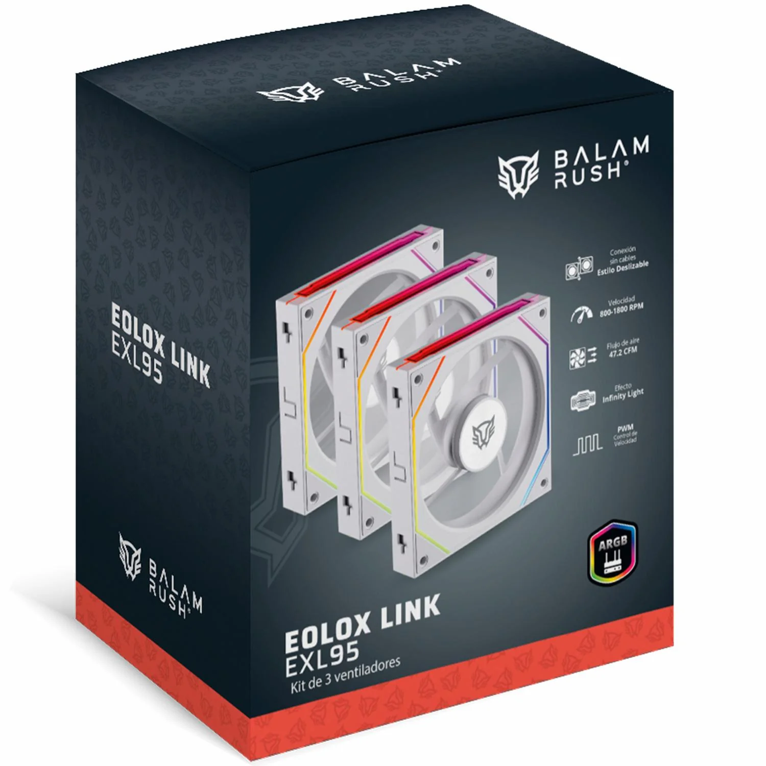 Kit 3 Ventiladores Gamer BALAM RUSH EOLOX LINK EXL95 120mm ARGB Diseño Cuadrado 1800RPM Blanco Daisy-Chain 4 Pin Blanco BR-942096 - Image 6