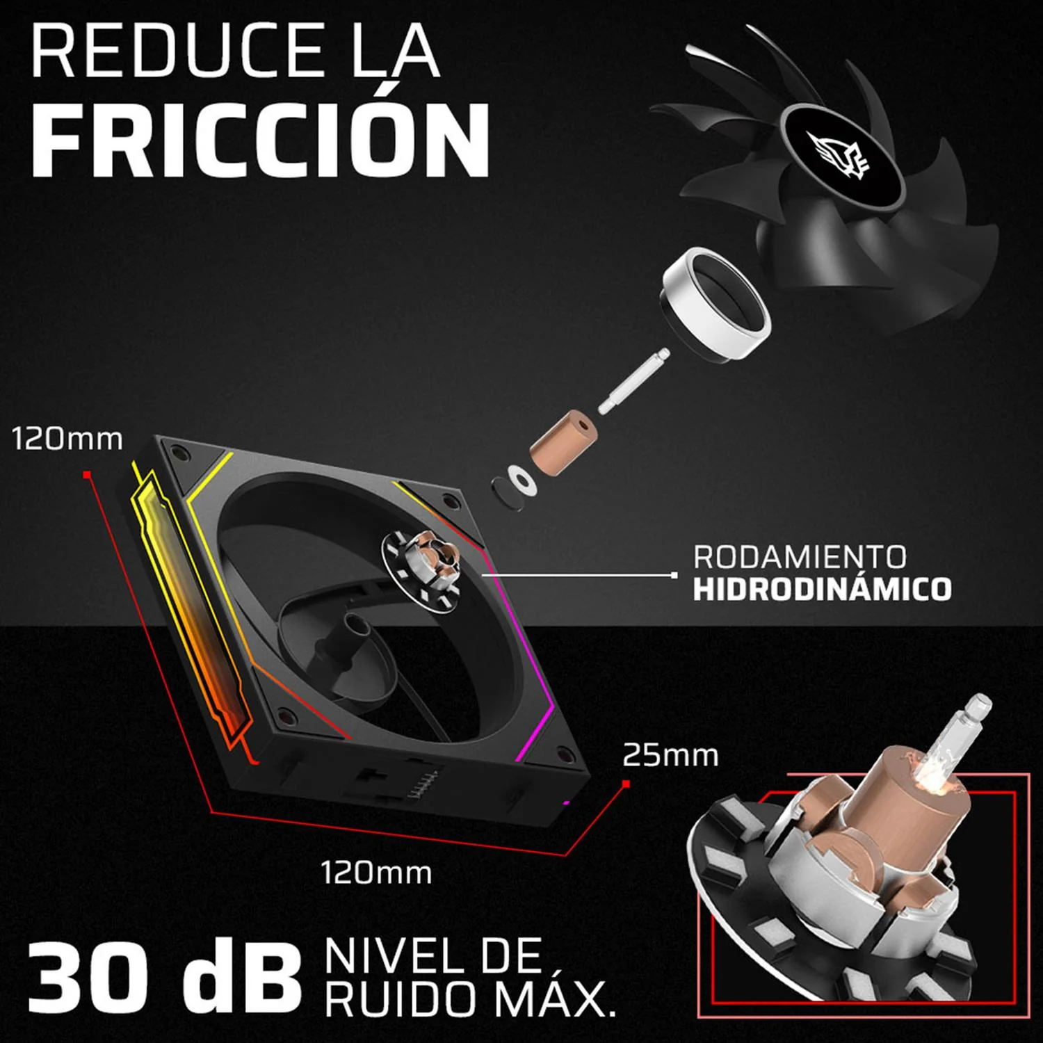 Kit 3 Ventiladores Gamer BALAM RUSH EOLOX LINK EXL95 120mm ARGB Diseño Cuadrado Daisy-Chain PWM 4 pin + Aura 1800RPM Negro BR-942089 - Image 3