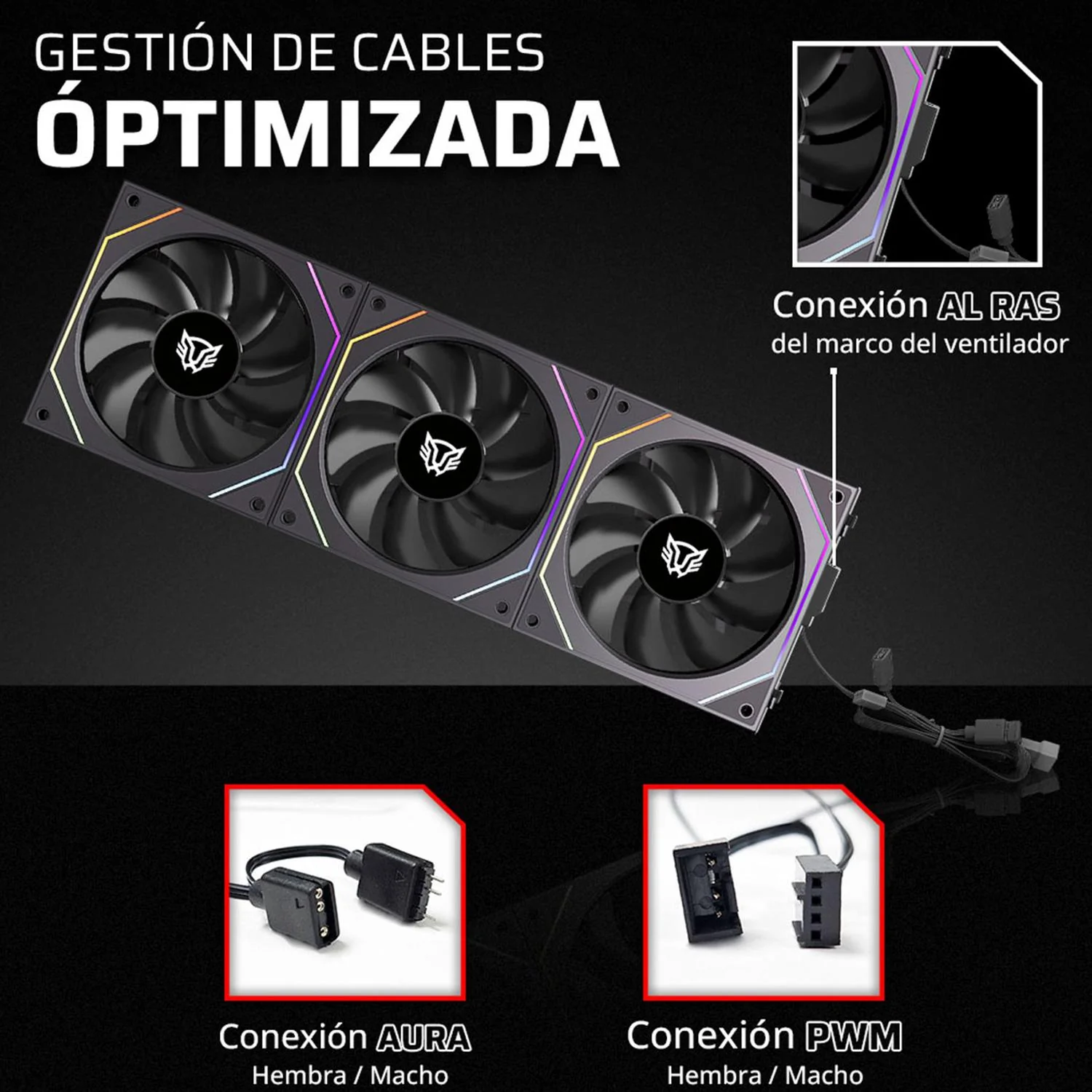 Kit 3 Ventiladores Gamer BALAM RUSH EOLOX LINK EXL95 120mm ARGB Diseño Cuadrado Daisy-Chain PWM 4 pin + Aura 1800RPM Negro BR-942089 - Image 4
