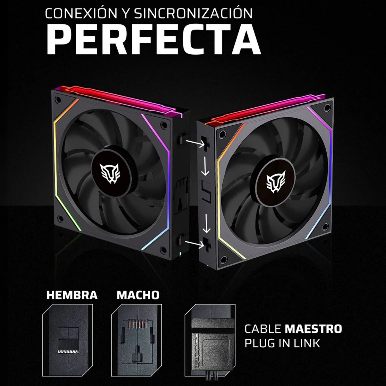 Kit 3 Ventiladores Gamer BALAM RUSH EOLOX LINK EXL95 120mm ARGB Diseño Cuadrado Daisy-Chain PWM 4 pin + Aura 1800RPM Negro BR-942089 - Image 5