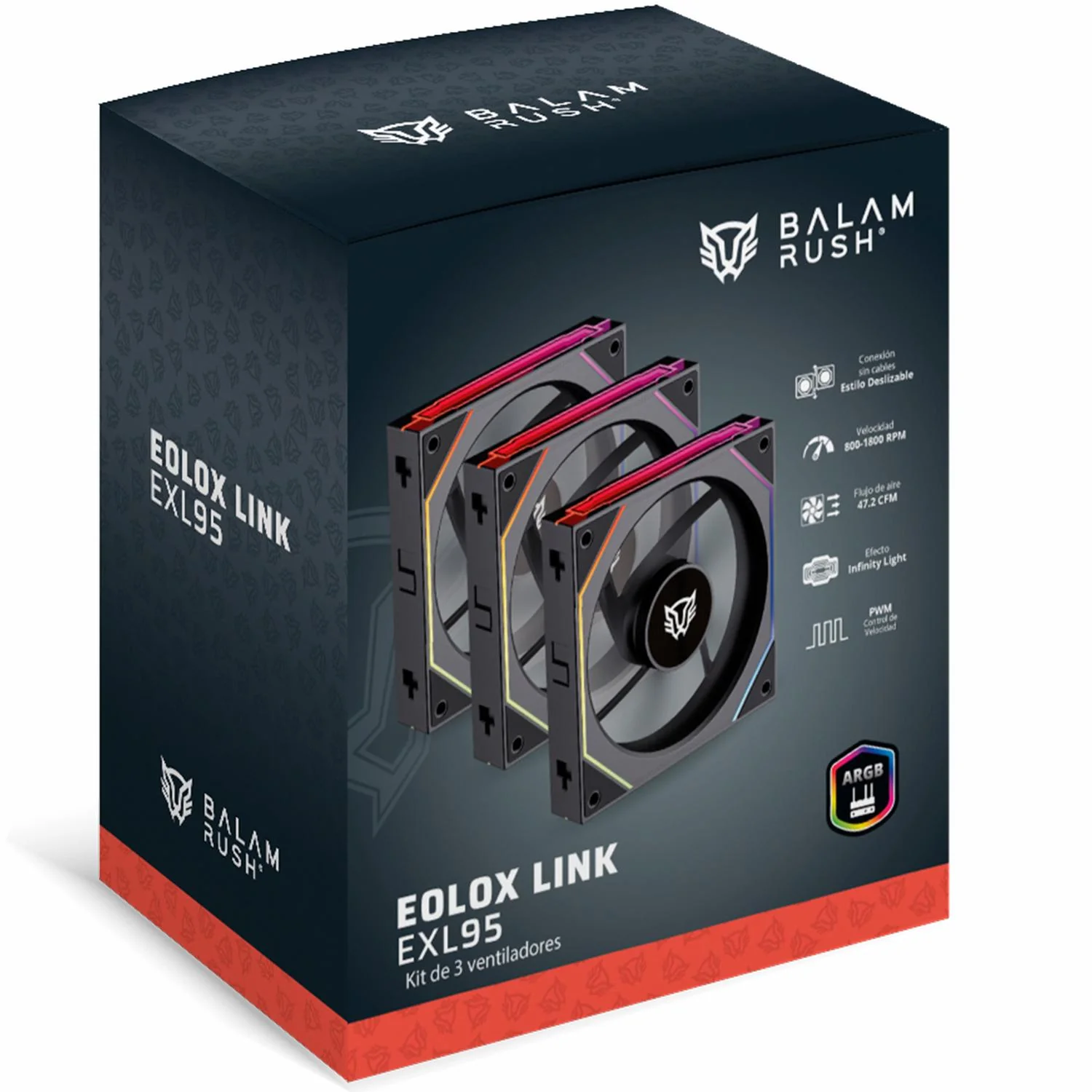 Kit 3 Ventiladores Gamer BALAM RUSH EOLOX LINK EXL95 120mm ARGB Diseño Cuadrado Daisy-Chain PWM 4 pin + Aura 1800RPM Negro BR-942089 - Image 6